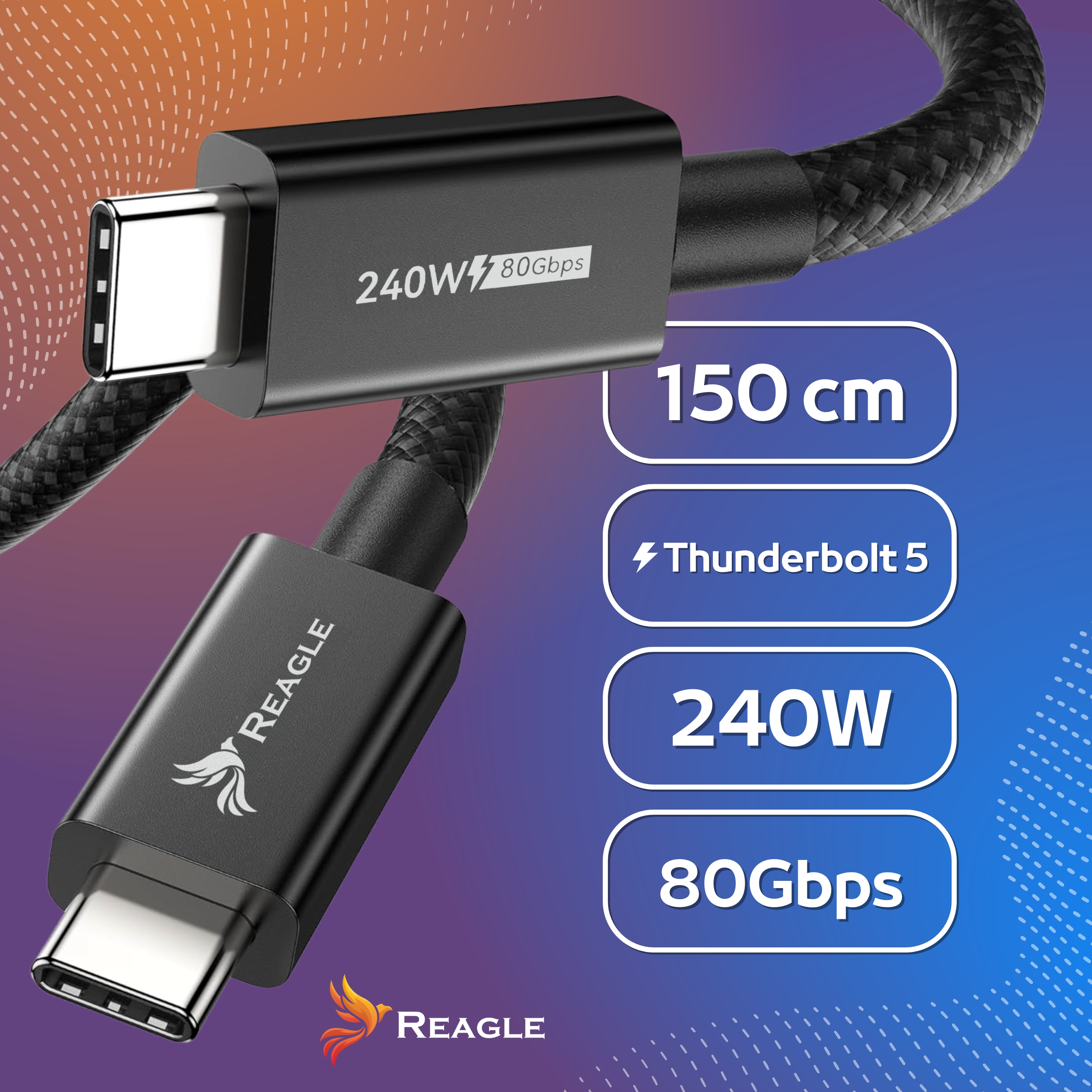 Czarny kabel USB-C o parametrach 240W i 80Gbps oraz logo Reagle.