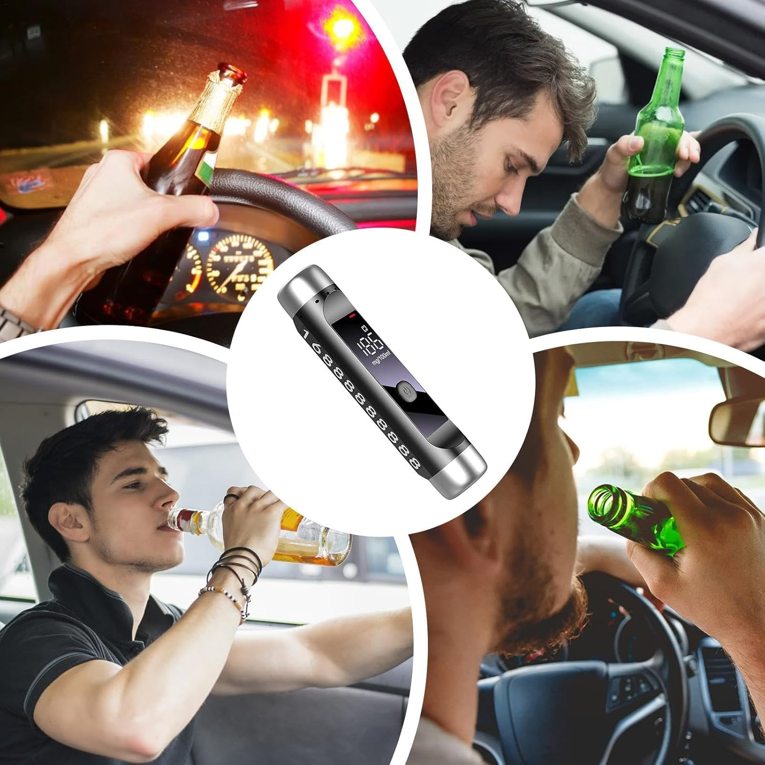 Mehrere Bilder, die zeigen, wie Menschen Alkohol trinken und einen Alkoholtester benutzen. Eine Person sitzt am Steuer.
