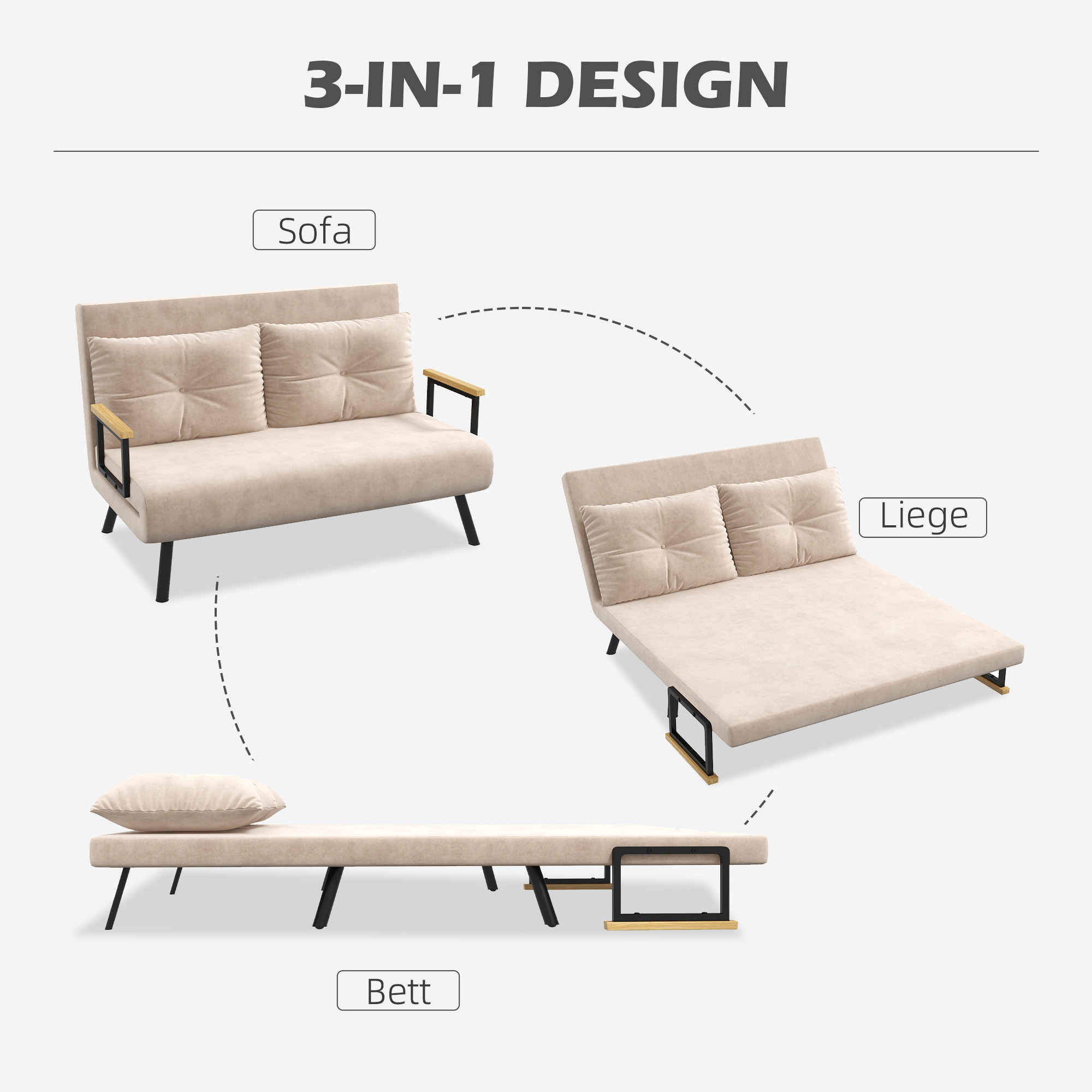 3-in-1-Design: Sofa, Liege und Bett mit den entsprechenden Bildern.