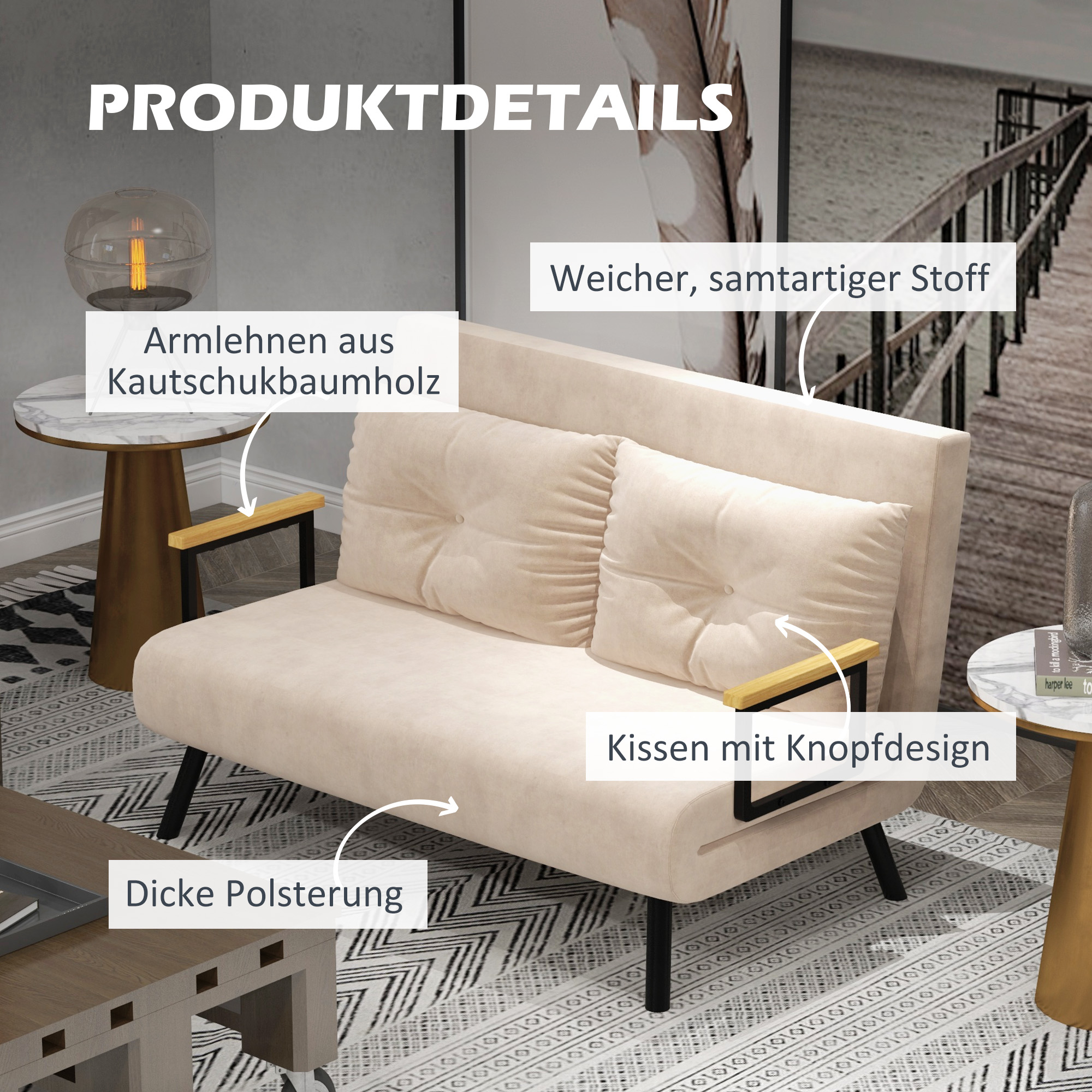 Beiges Sofa mit schwarzen Beinen, Holzarmlehnen, Kissen und einem Blummen-Teppich.