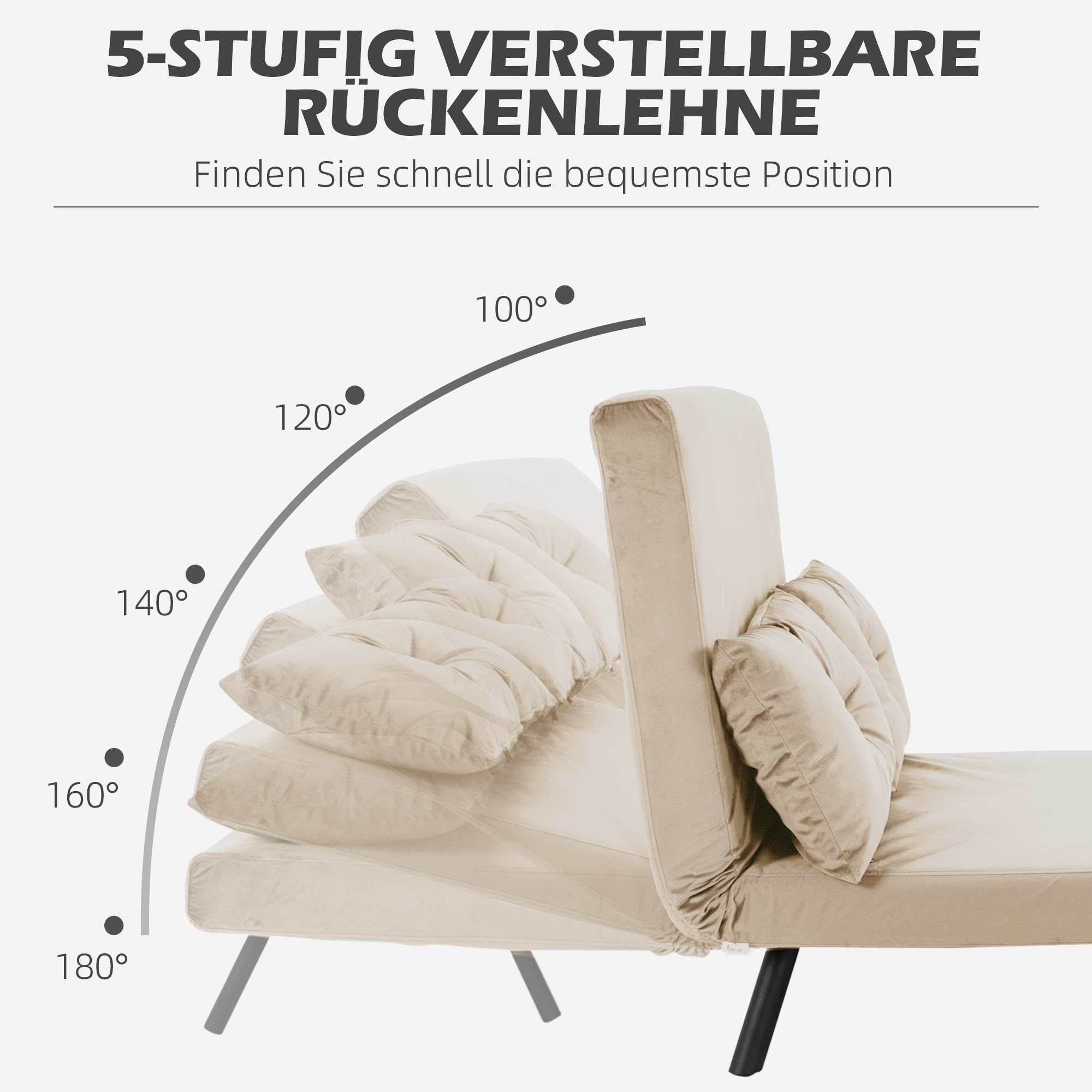 Beiges verstellbares Sofa mit verschiedenen Winkeln. Schwarze Beine, Kissen.