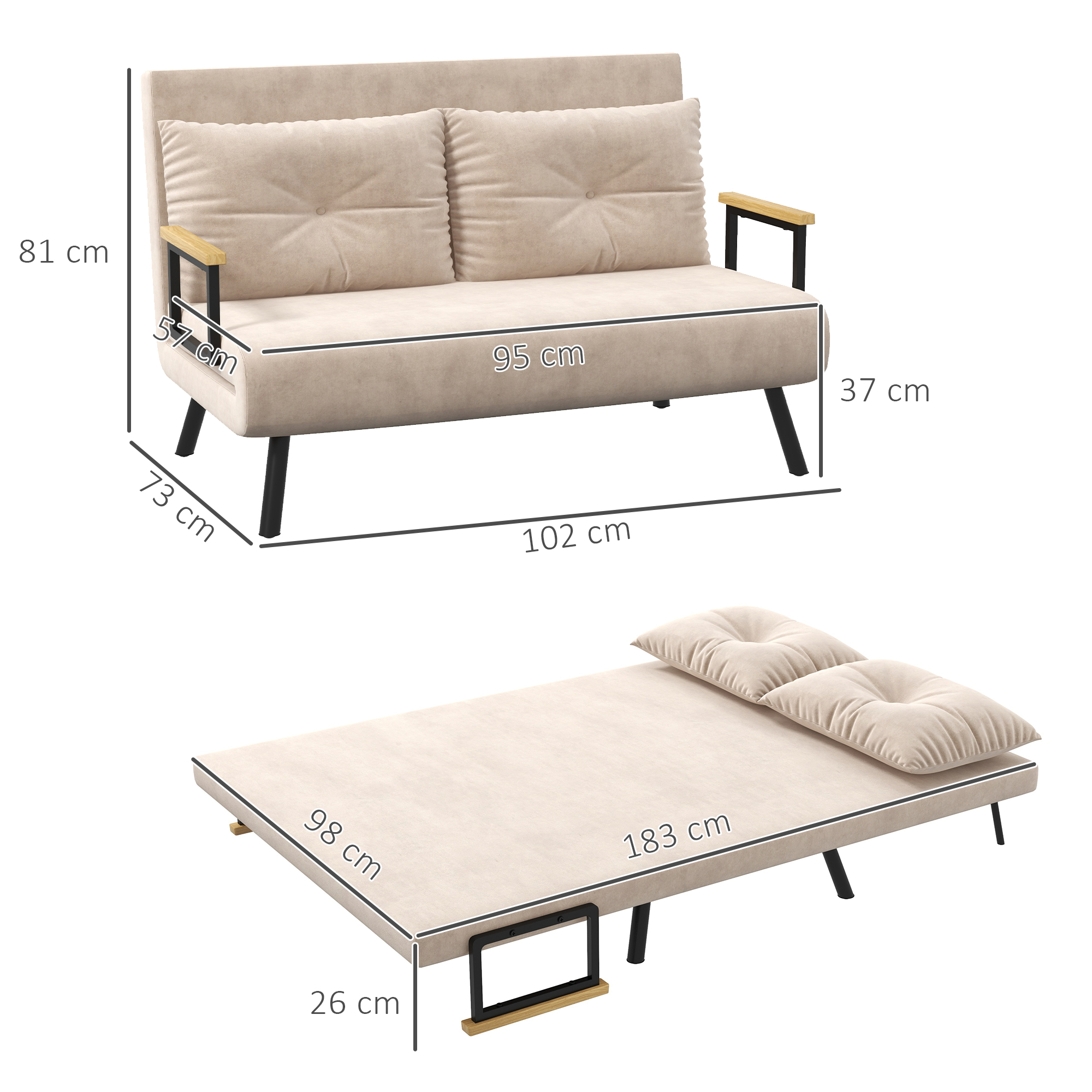 Beiges Sofa, Abmessungen gezeigt. Lässt sich in ein Bett verwandeln. Schwarze Beine, hölzerne Armlehnen.