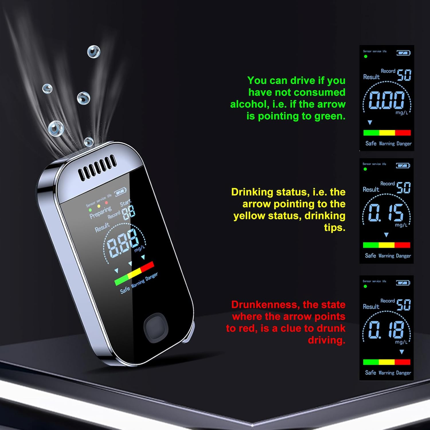 Schwarzer Alkoholtester mit digitaler Anzeige, die Alkoholwerte anzeigt, mit erklärendem Text und Symbolen.