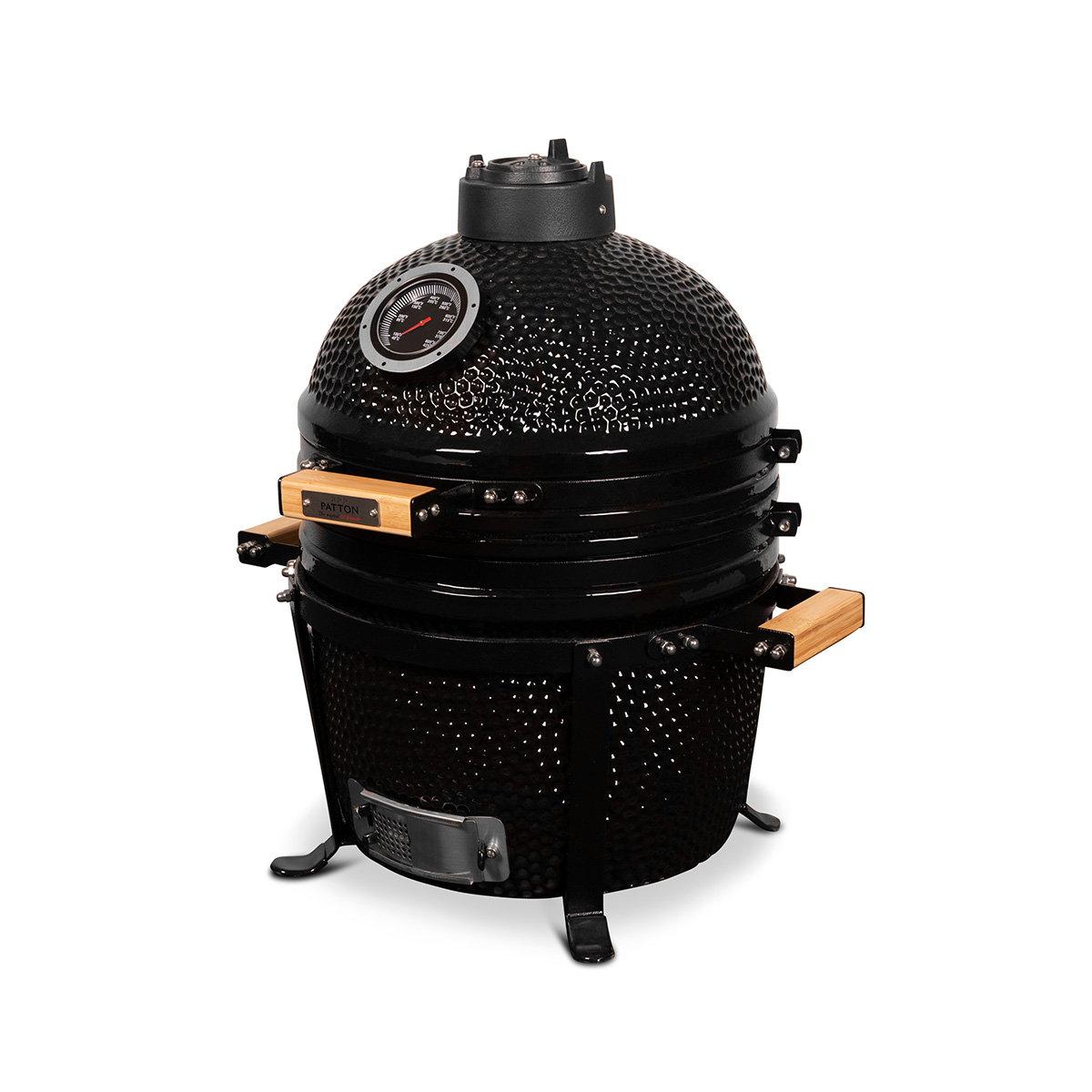 Zwarte keramische grill met houten handgrepen, thermometer. Witte achtergrond.