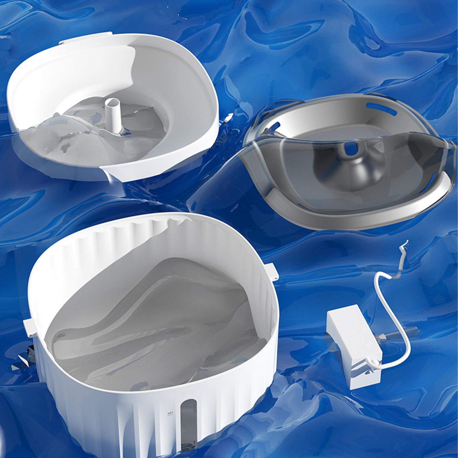 Komponenten eines Haustier-Wasserbrunnens schwimmen in blauem Wasser. Weiße, graue und silberne Elemente.