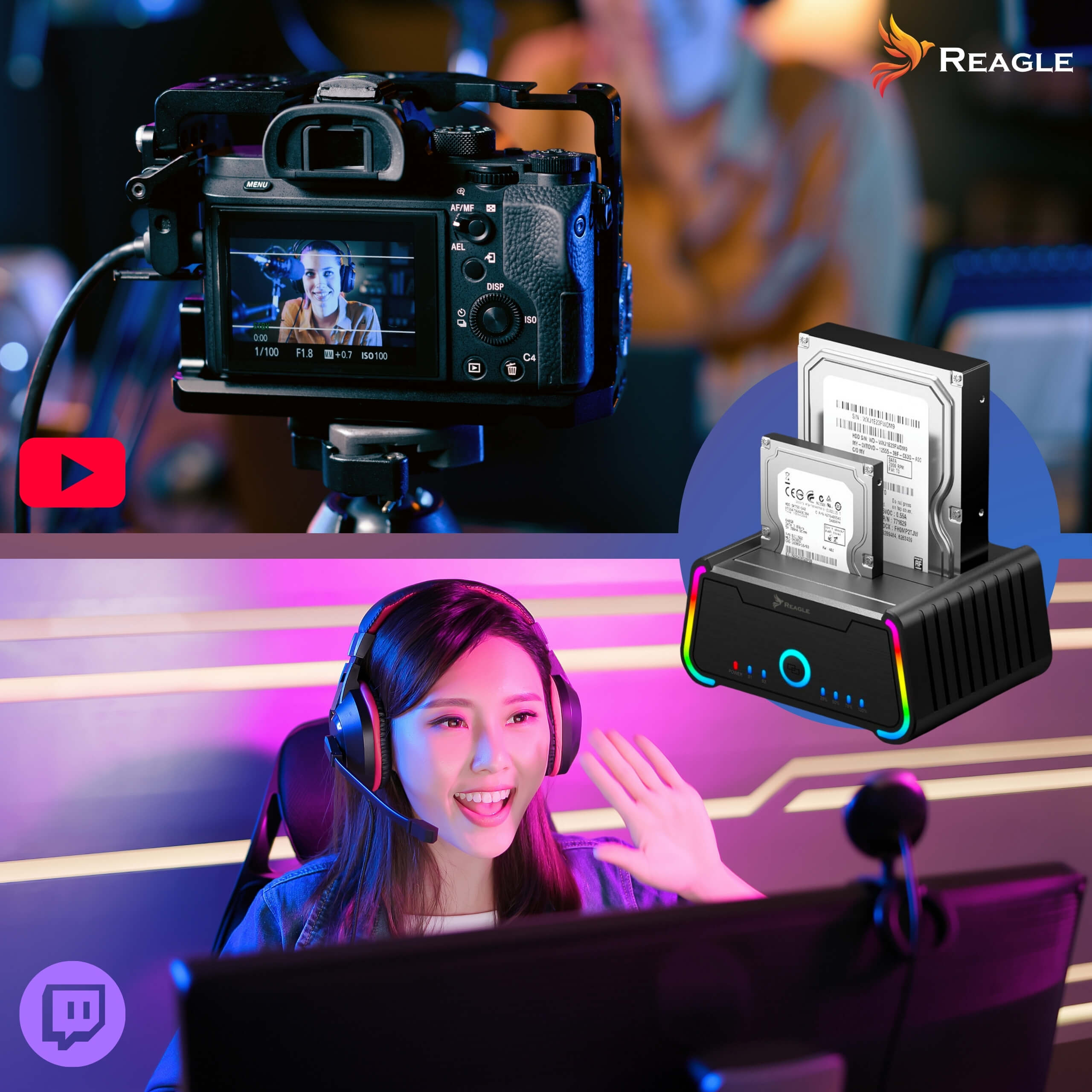 Kobieta w studio, streamująca. Kamera i stacja dokująca dysku twardego w kadrze.