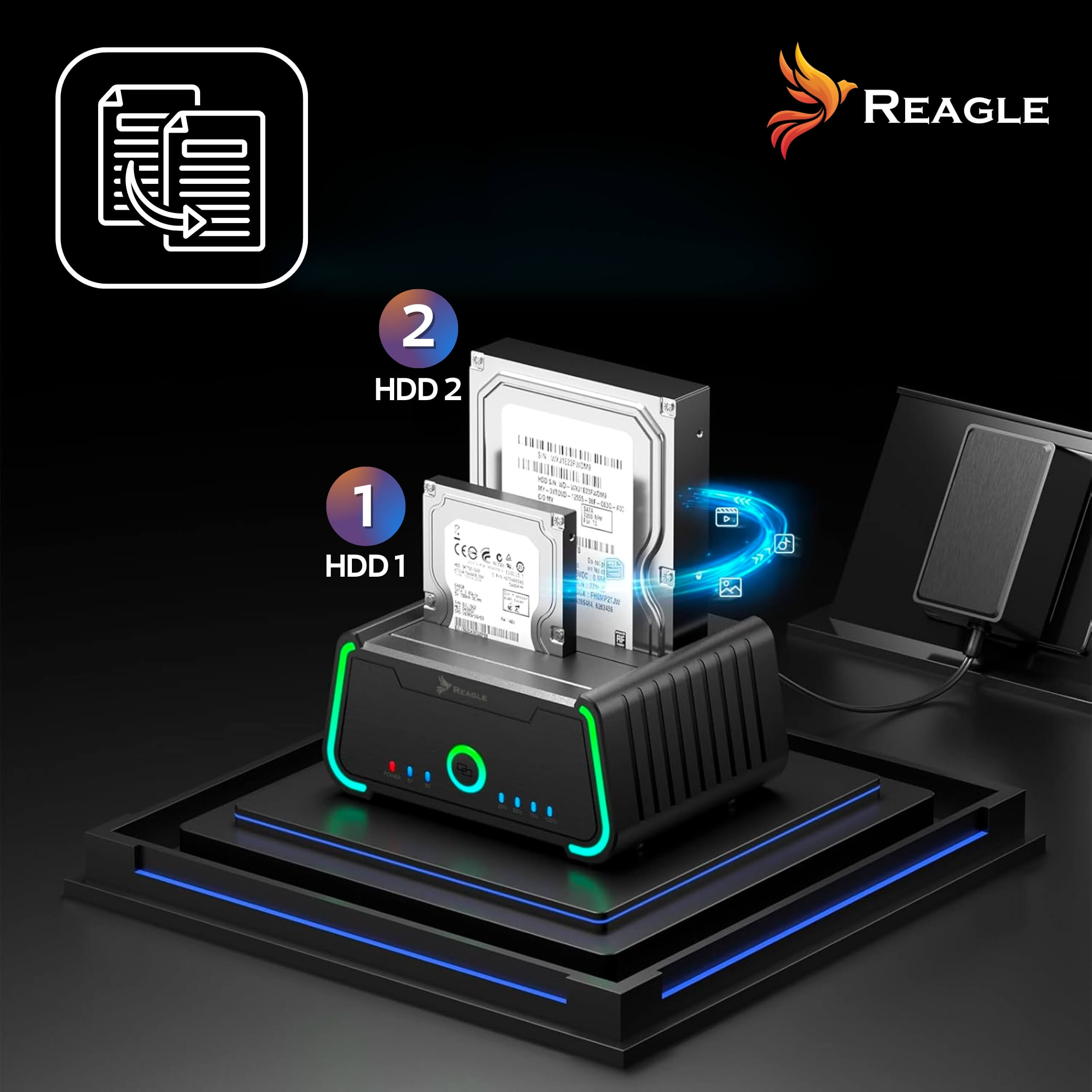 Duplikator dysków twardych z dwoma dyskami. Ma czarną obudowę z niebieskimi i zielonymi światłami.