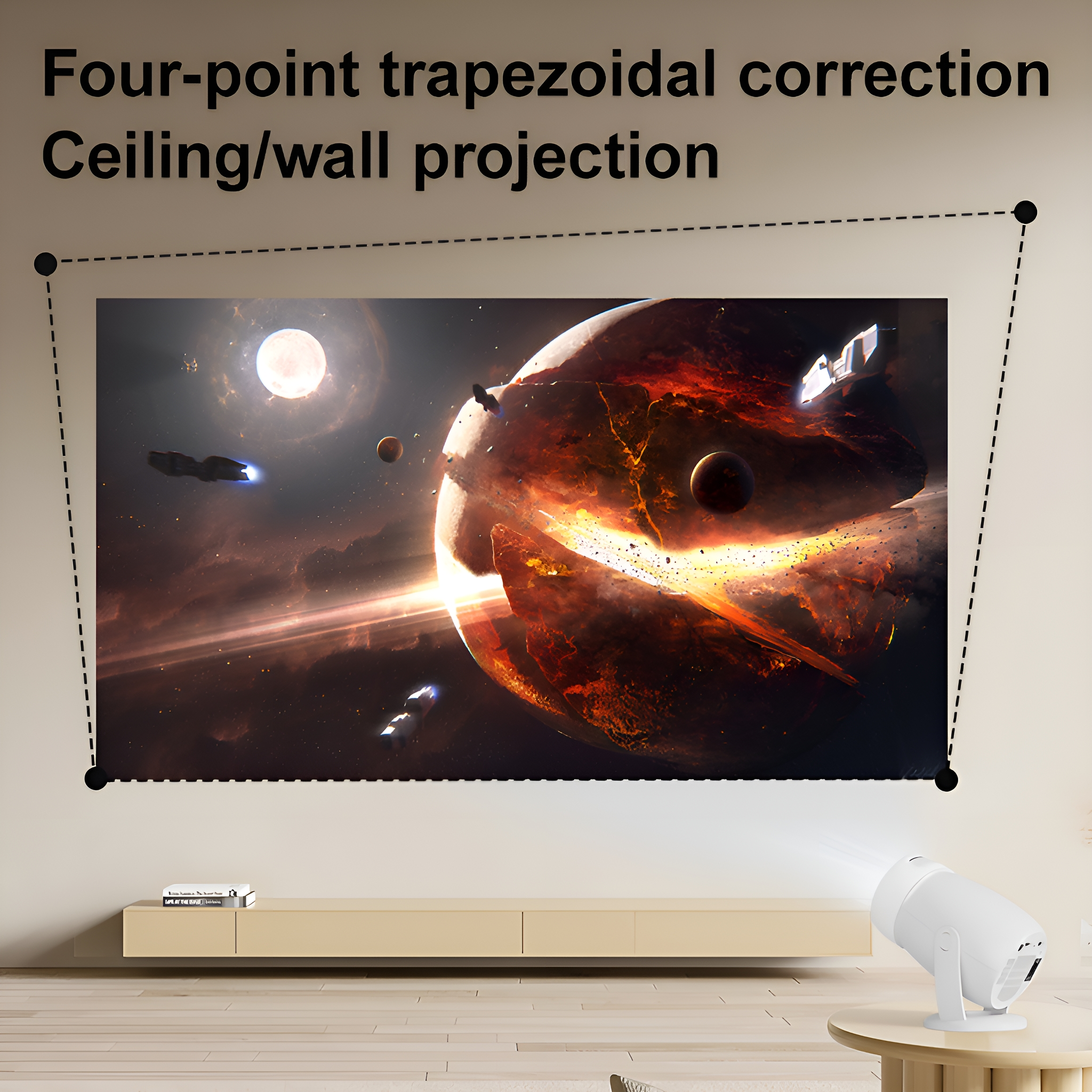 Projiziertes Bild an der Wand. Eine Weltraumszene mit Raumschiff und Planeten.