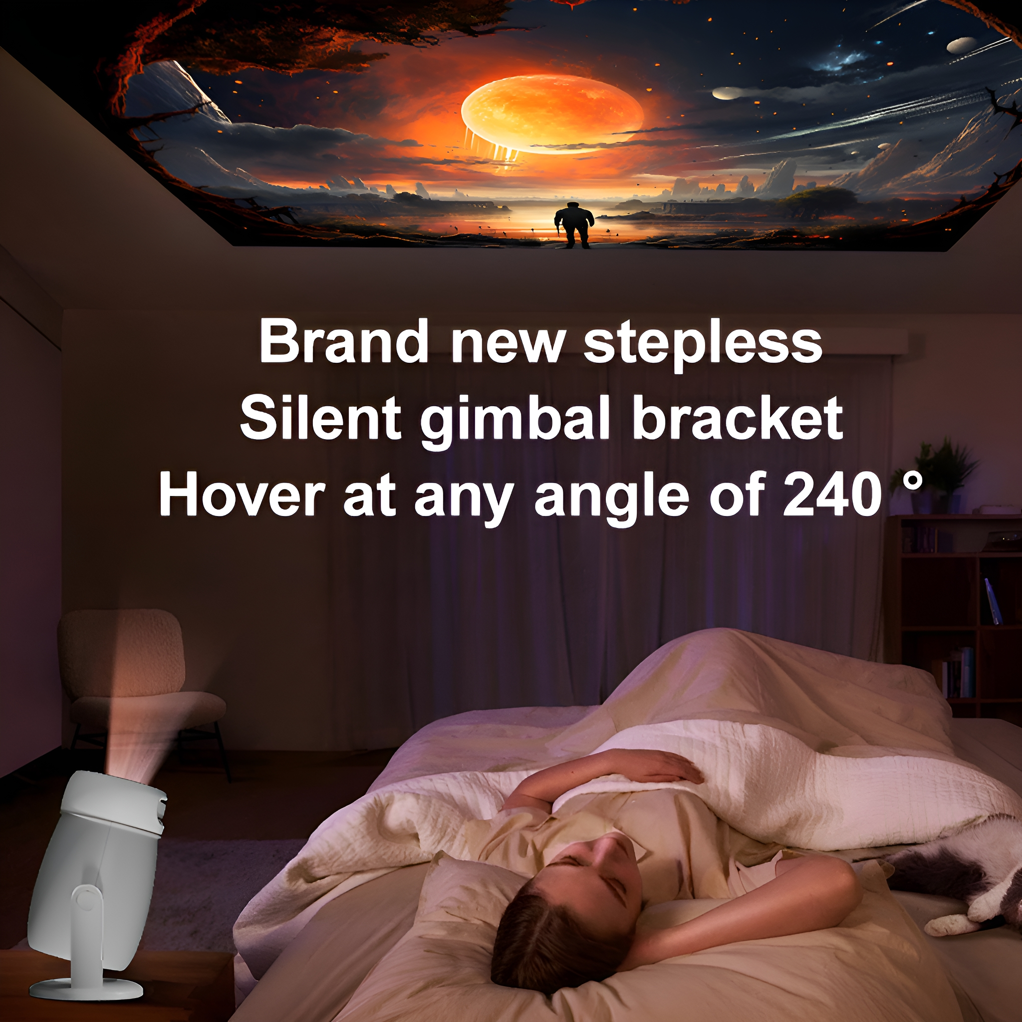 Ein Schlafzimmer mit einem Projektor, einer Person auf dem Bett und einer Sternenhimmelprojektion.