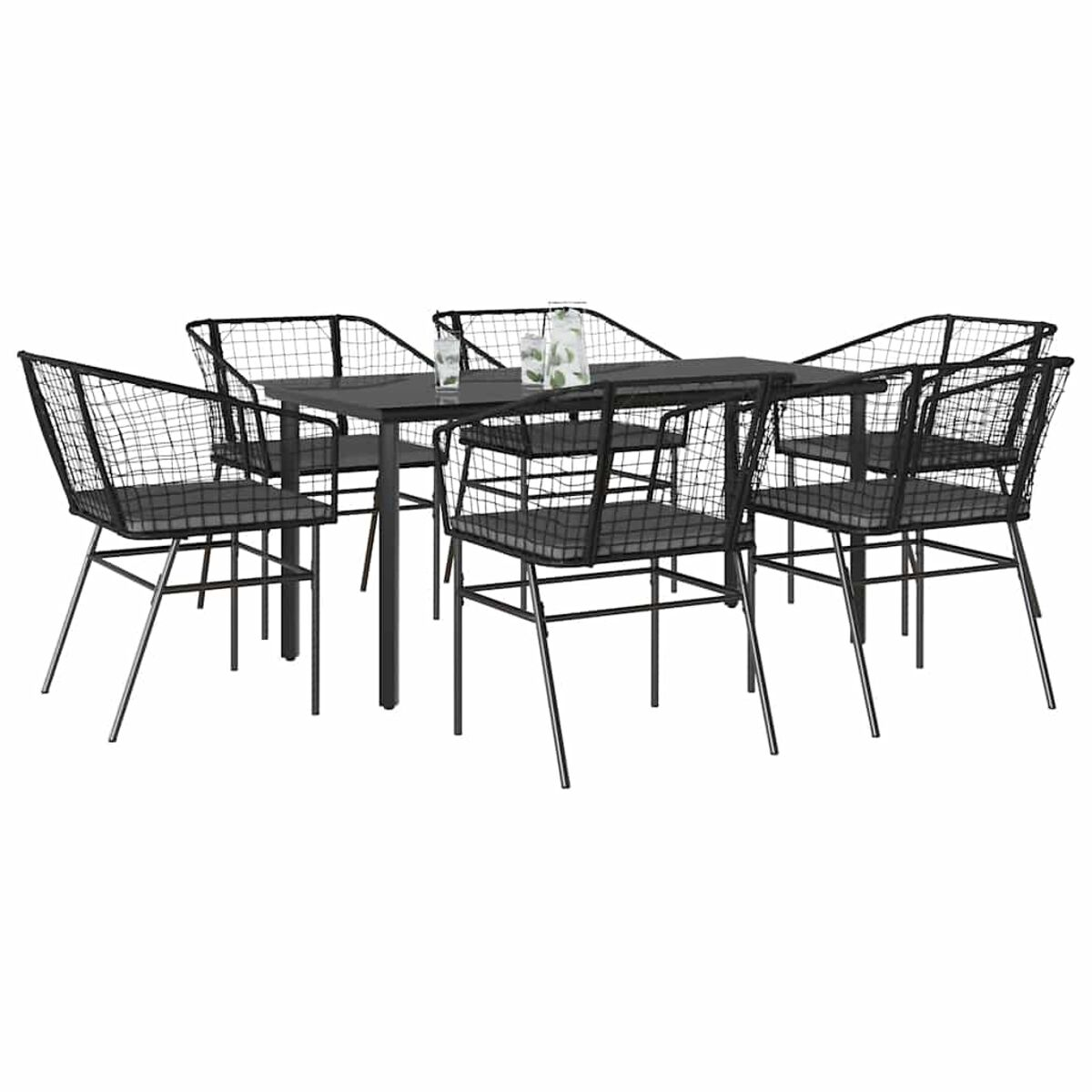 Set di mobili da esterno con struttura in filo metallico: tavolo e sei sedie, isolato su bianco.