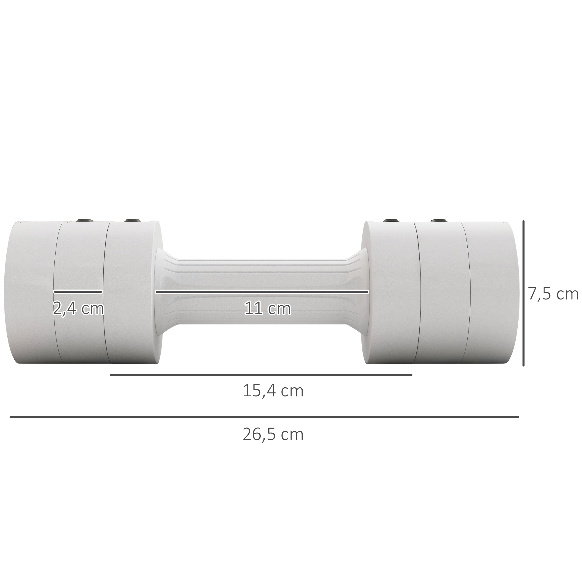 Weiße Kurzhantel mit Maßangaben. Griff 11 cm, Gesamtlänge 26,5 cm.