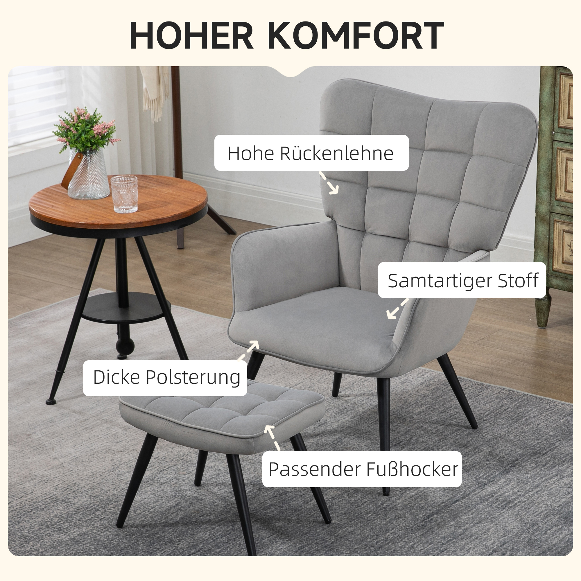 Grauer Sessel mit Fußhocker, beschriftet: hoher Rücken, dicke Polsterung, Samtstoff.