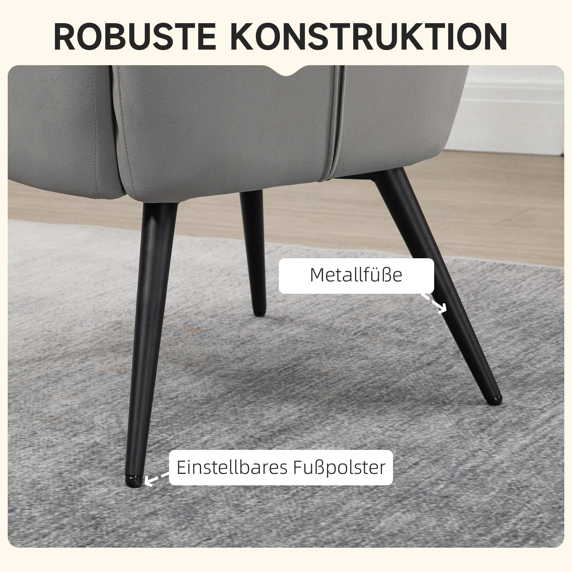 Nahaufnahme von Stuhlbeinen, Metallfüßen und verstellbarem Fußpolster.