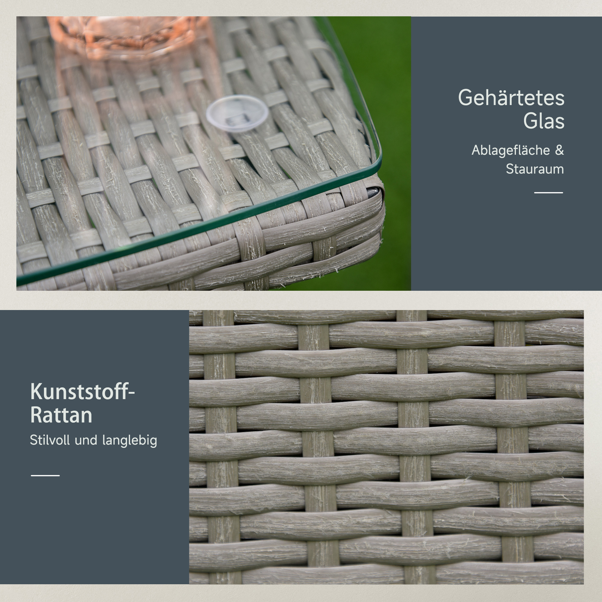 Nahaufnahme eines Tisches mit Glasplatte und gewebtem Rattansockel.