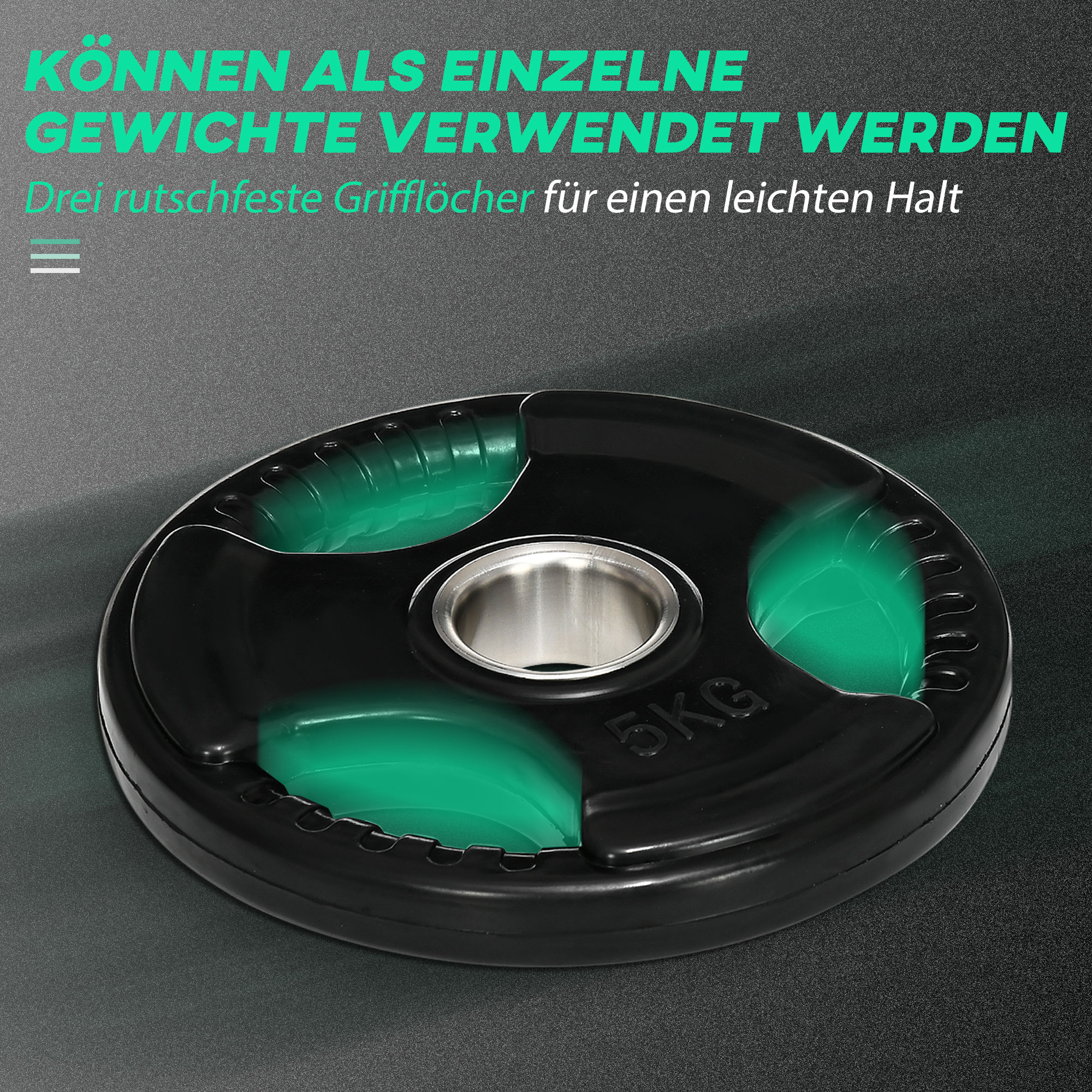 Schwarze Gewichtsscheibe mit grünen Akzenten und silbernem Zentrum, beschriftet mit '5KG'.