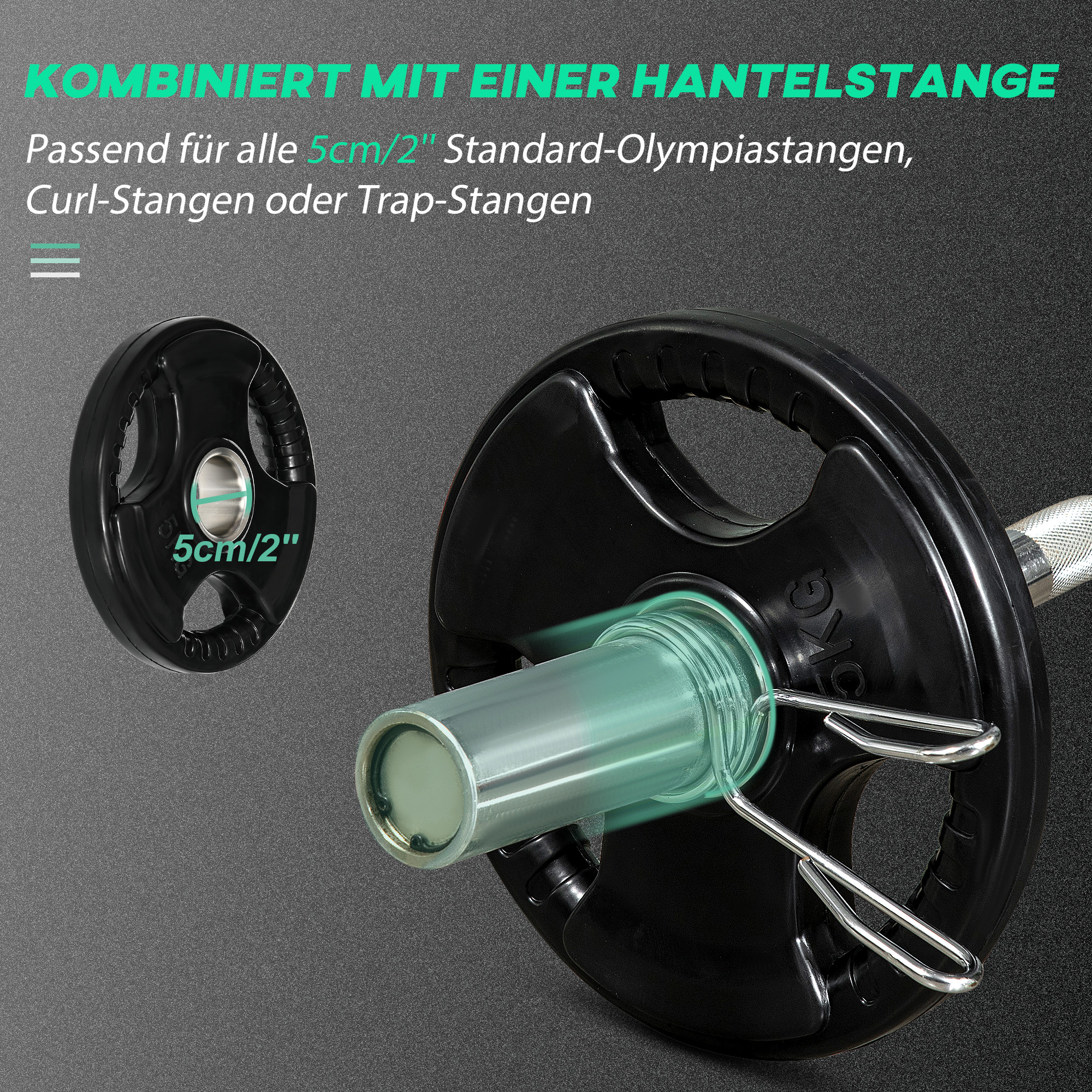 Schwarze Hantelscheiben mit 5cm Text. Eine auf einer Langhantel.