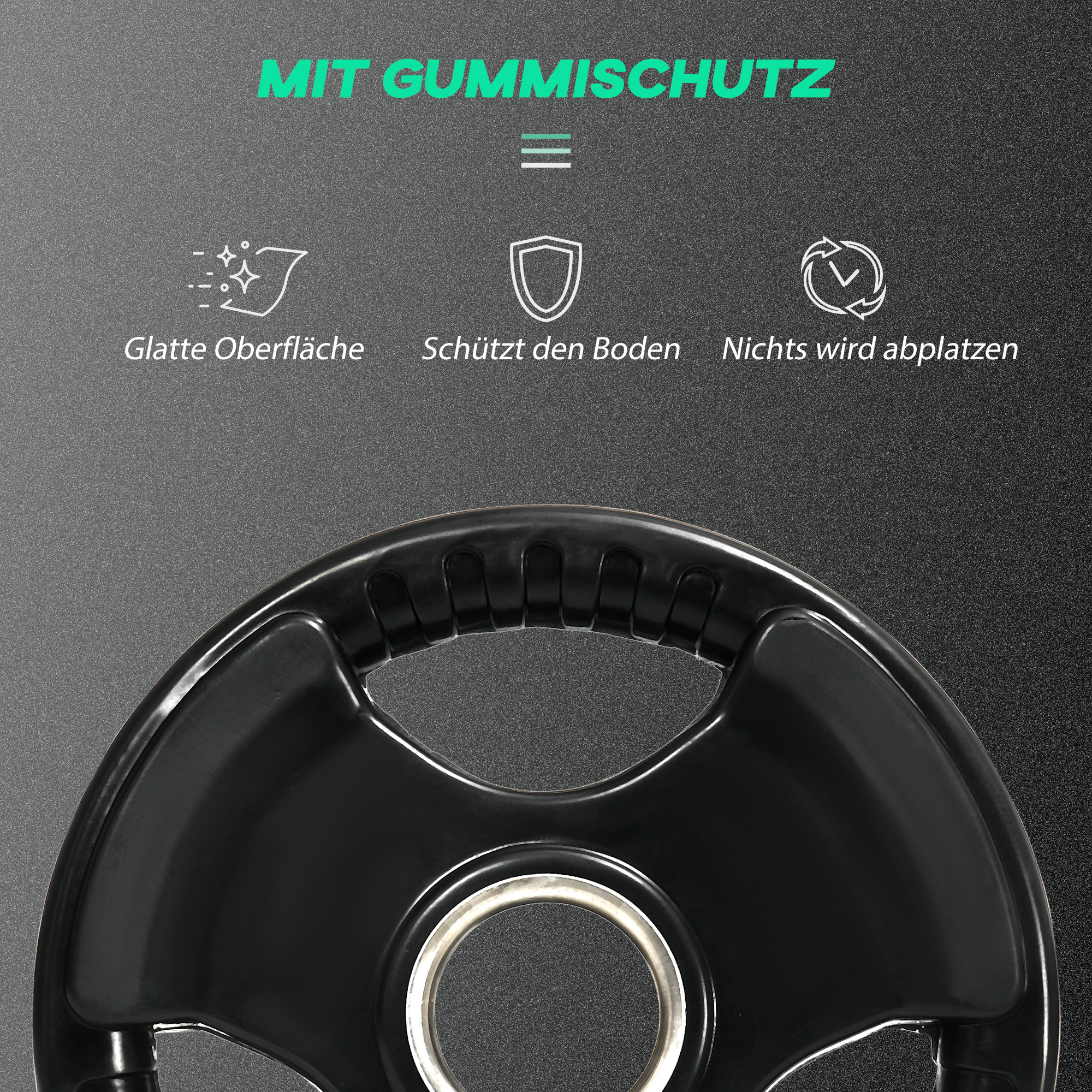 Schwarze Gewichtsplatte mit Griff. Text oben sagt 'Mit Gummischutz' auf Deutsch.