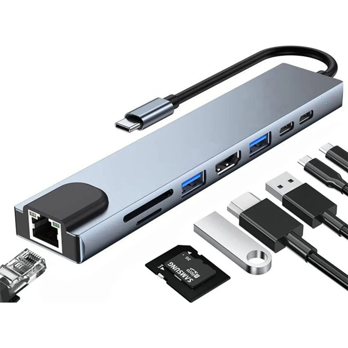 USB-C-Hub mit mehreren Anschlüssen. Enthält USB-, Ethernet-, SD-Karten- und USB-C-Anschlüsse.