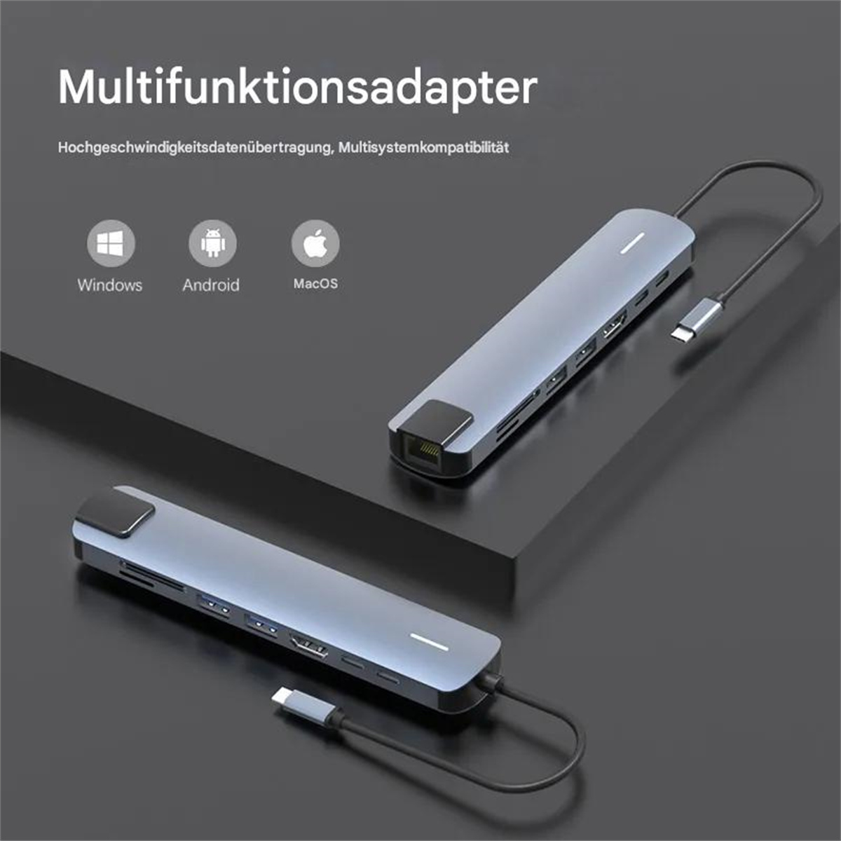 Zwei silberne Multifunktionsadapter mit Kabeln und Logos, Windows, Android und MacOS Icons.