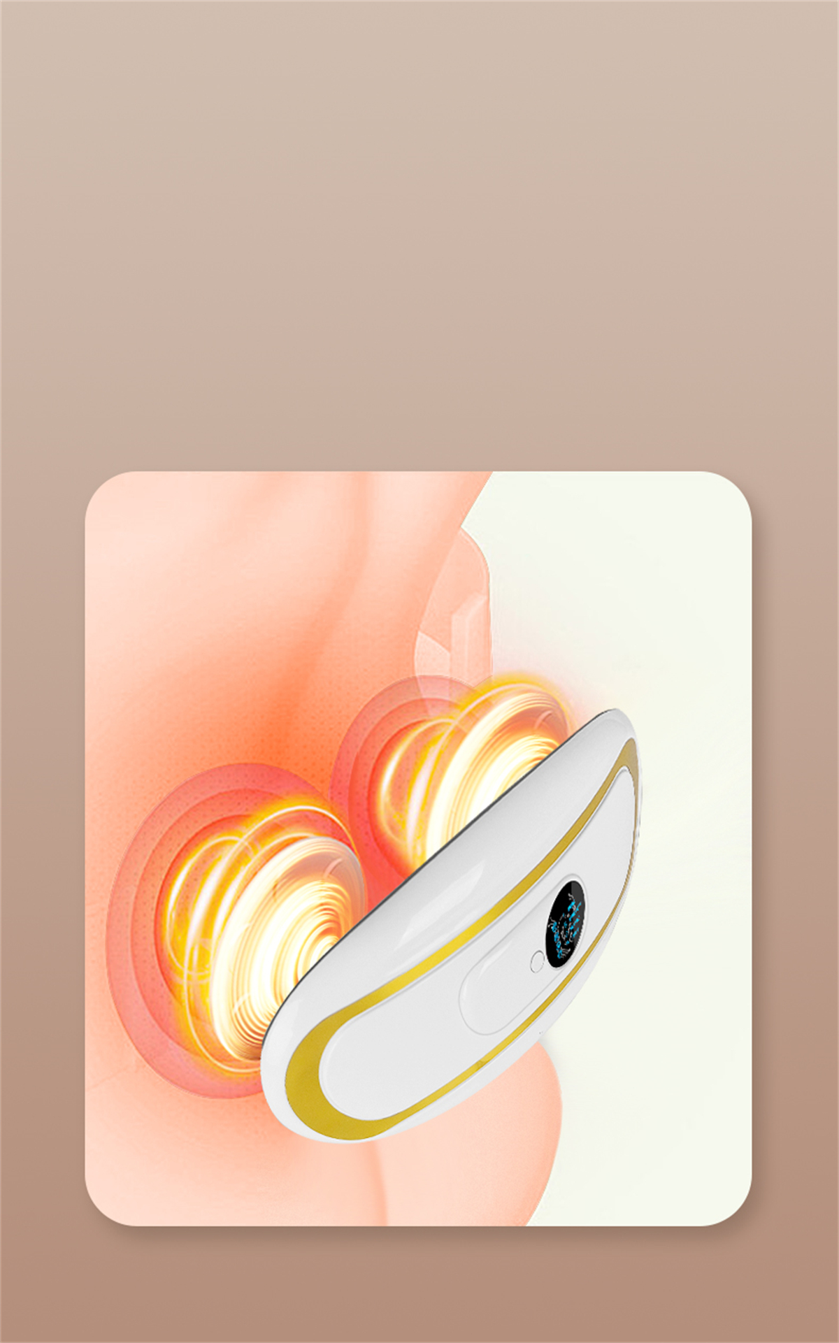 Weißes und goldenes Gerät in der Nähe des Körpers einer Person, mit Lichtstrahlen. Rosa Hintergrund.