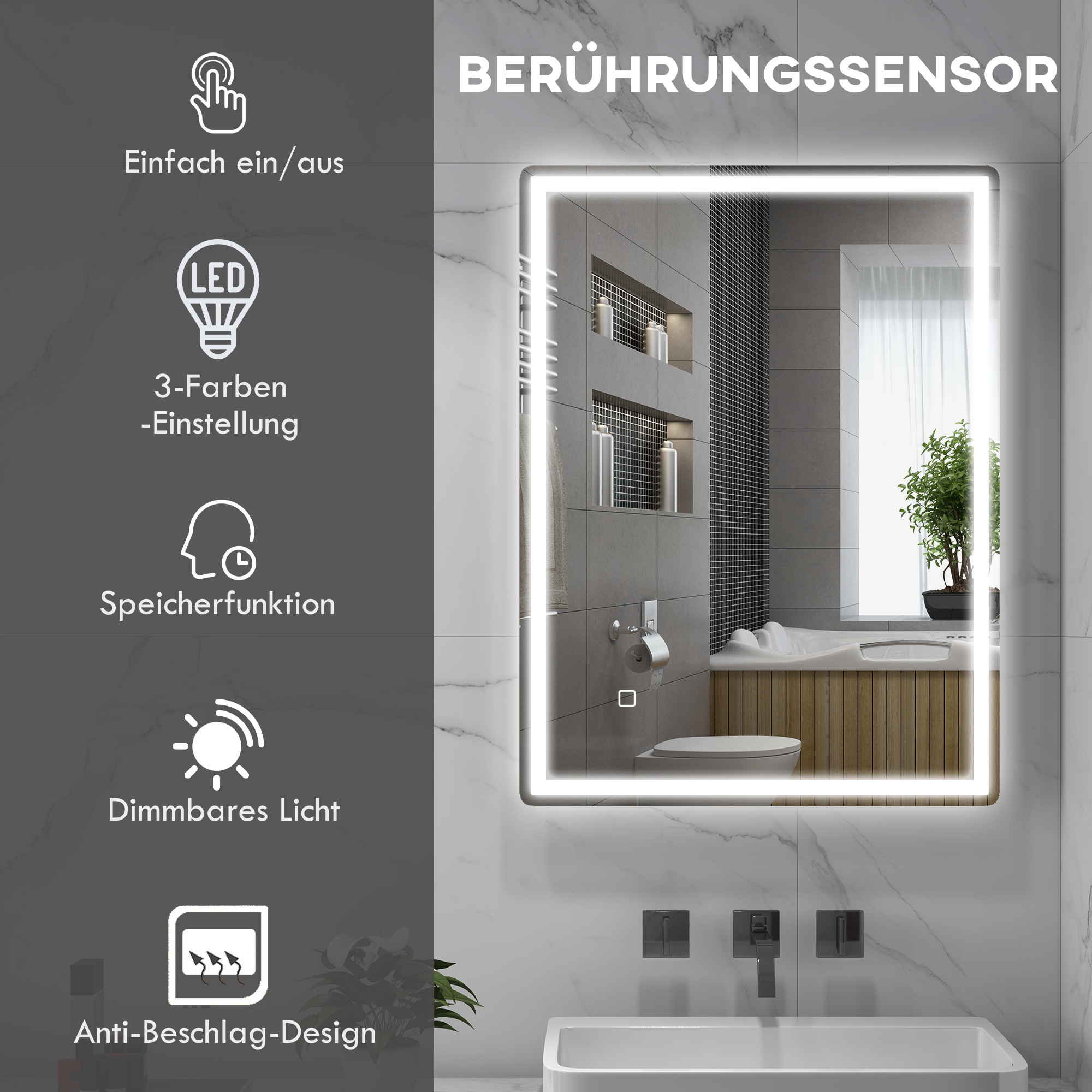 Beleuchteter Badezimmerspiegel mit Berührungssensor und LED-Funktionen. Enthält Antibeschlag- und Speicherfunktionen.