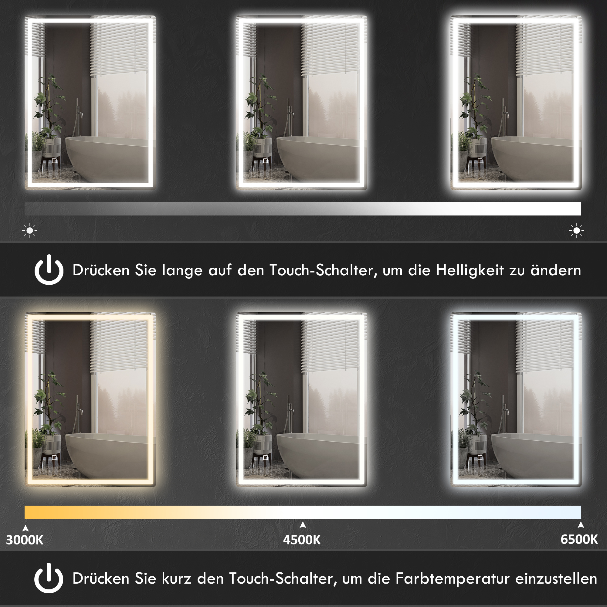 Spiegel mit einstellbaren Lichteinstellungen, Badeszene.