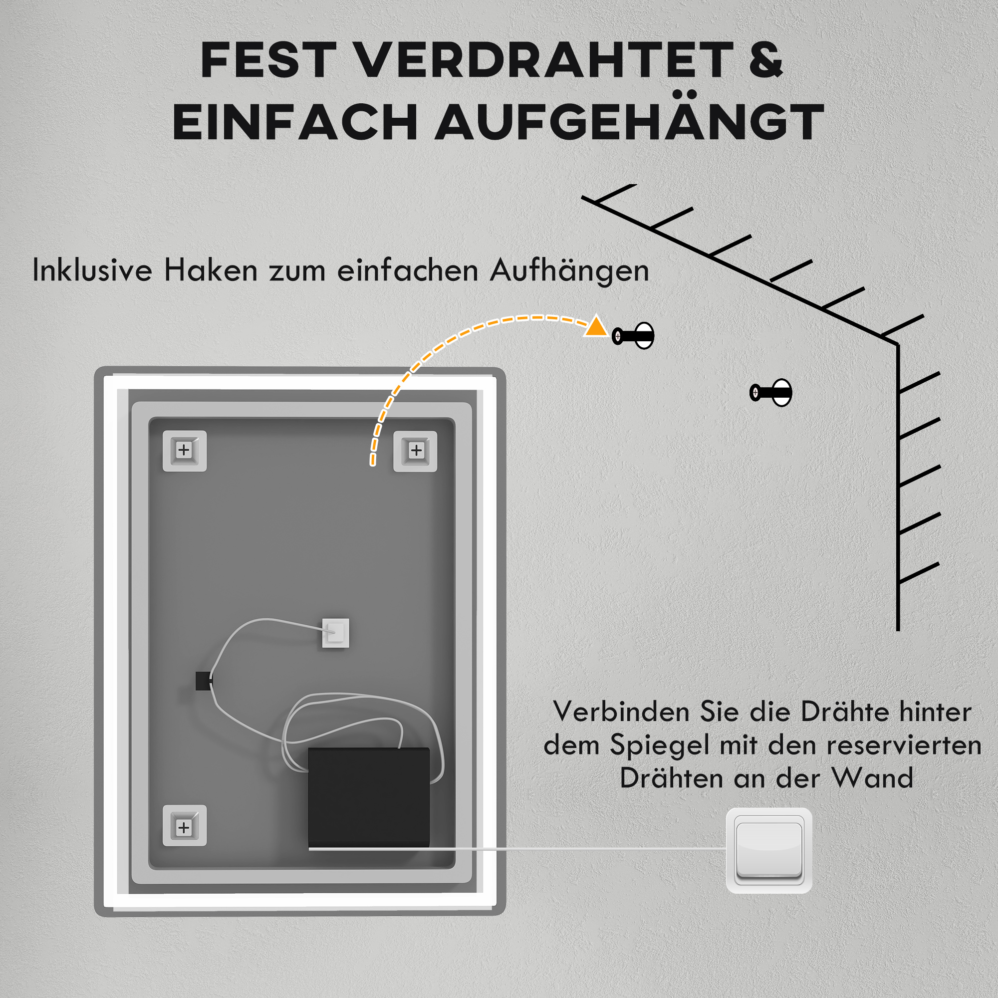 Das Bild zeigt einen Spiegel mit Lichtern auf der Rückseite und einen Schalter. Das Bild zeigt, wie man ihn aufhängt.