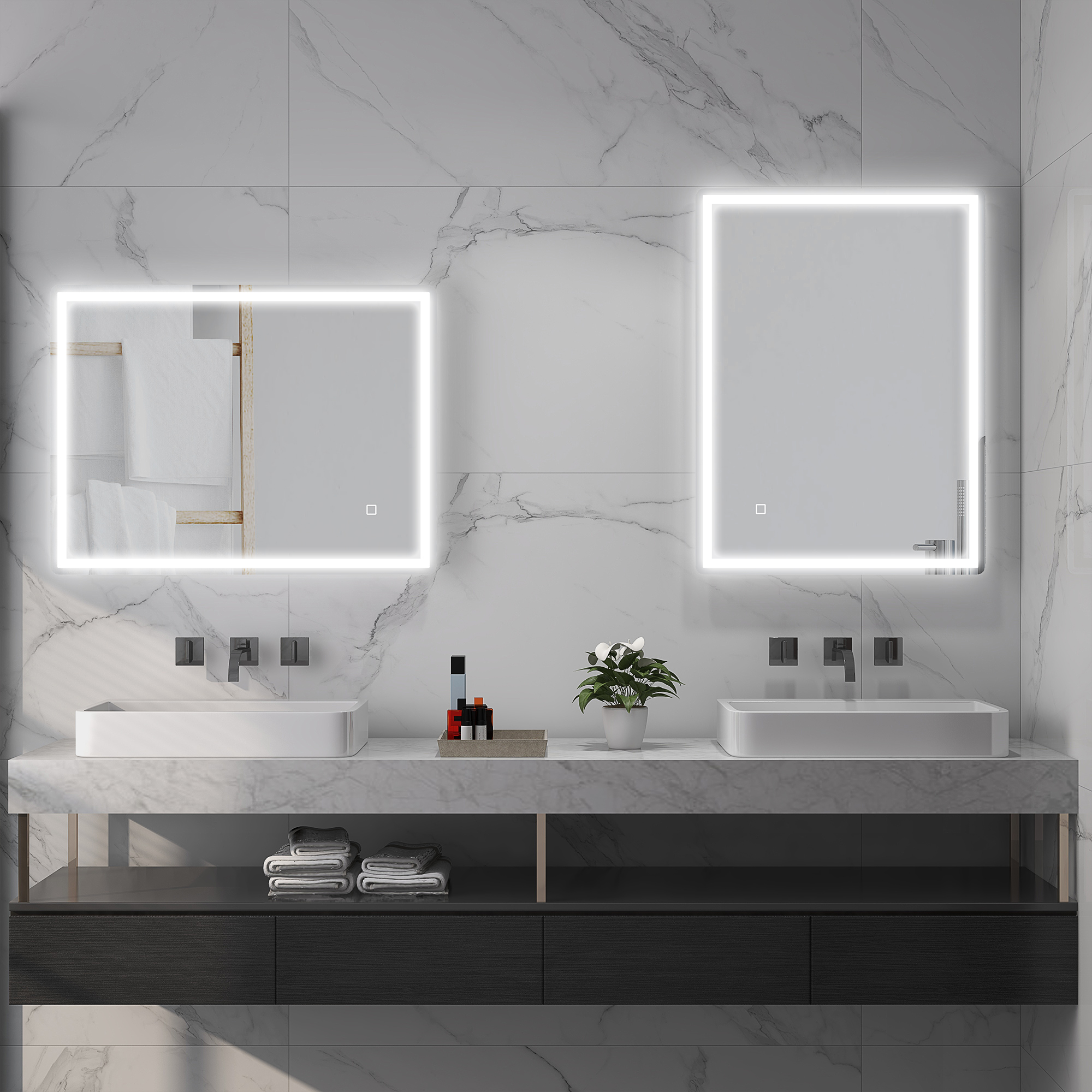 Modernes Badezimmer mit zwei beleuchteten Spiegeln. Weiße Waschbecken und Marmorwände.