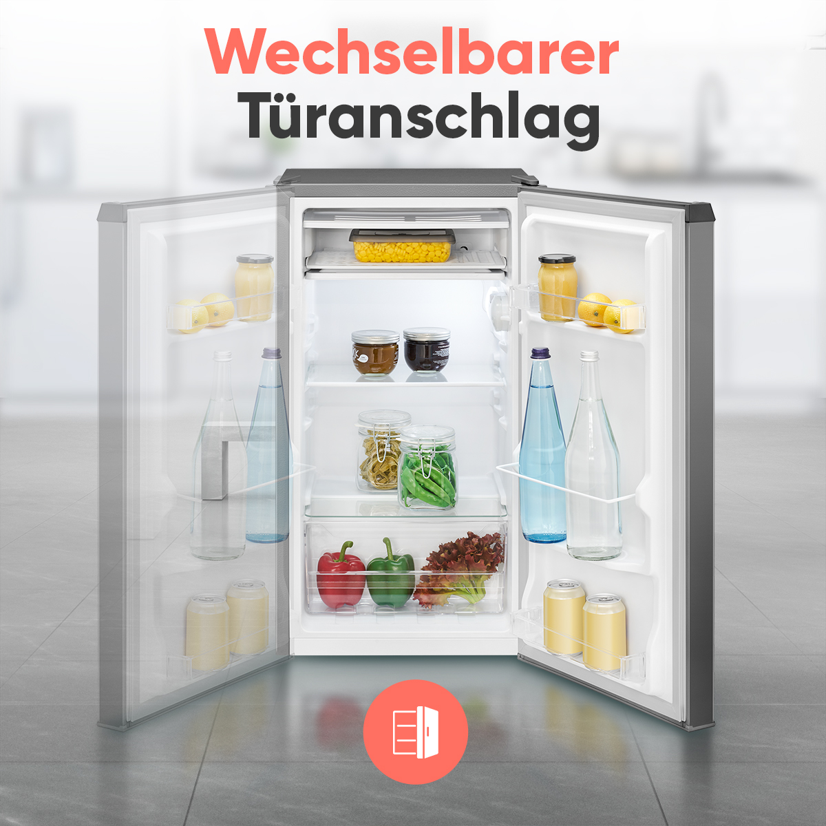 Offener Kühlschrank mit Essen: Flaschen, Gläser, Paprika. Rotes Türsymbol.