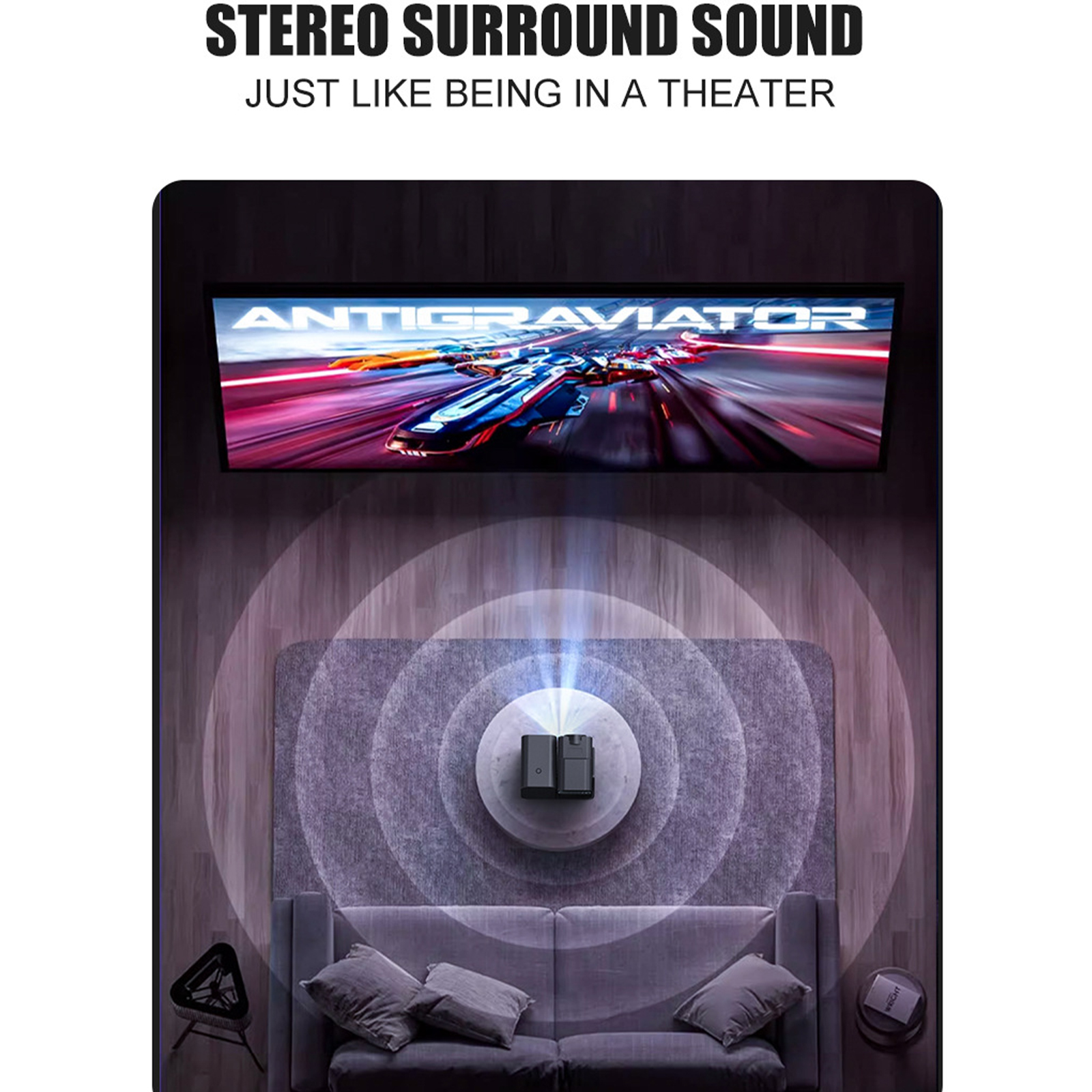Projektor auf einem Tisch, der ein Bild an die Wand projiziert. Surround-Sound-Wellen werden gezeigt. Text sagt: 'ANTIGRAVIATOR'.