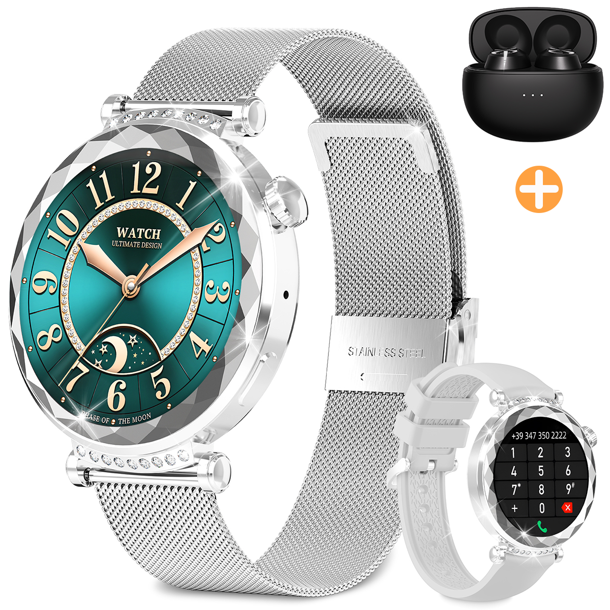 Eine silberne Smartwatch mit grünem Display und ein Paar Ohrhörer. Ein Telefonwählbildschirm wird ebenfalls angezeigt.