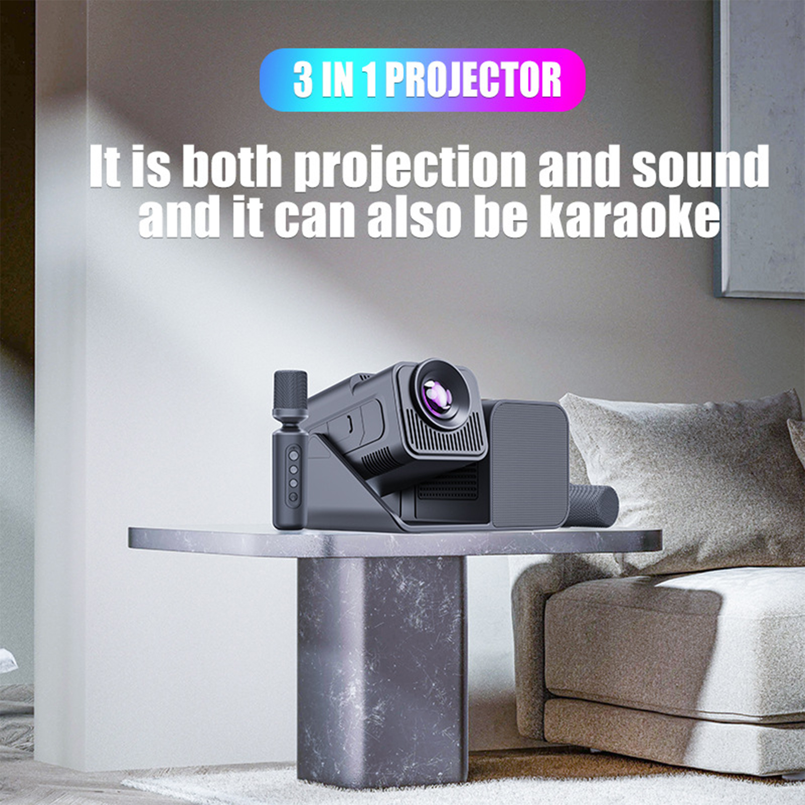 Schwarzer Projektor auf einem Tisch. Es ist ein 3-in-1-Projektor.