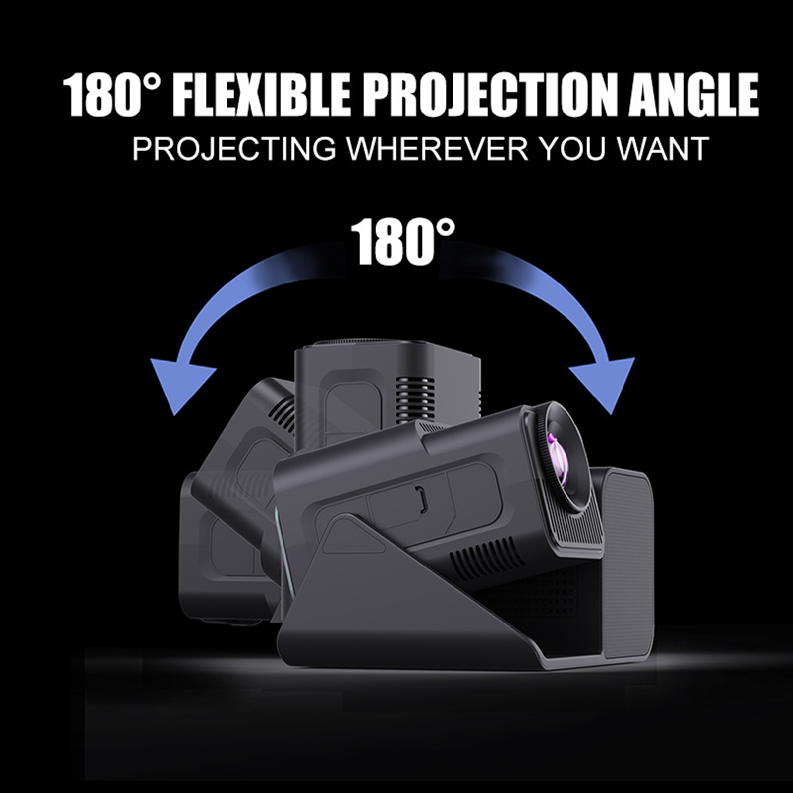 Ein Projektor mit einem flexiblen 180-Grad-Projektionswinkel. Schwarzer Hintergrund.