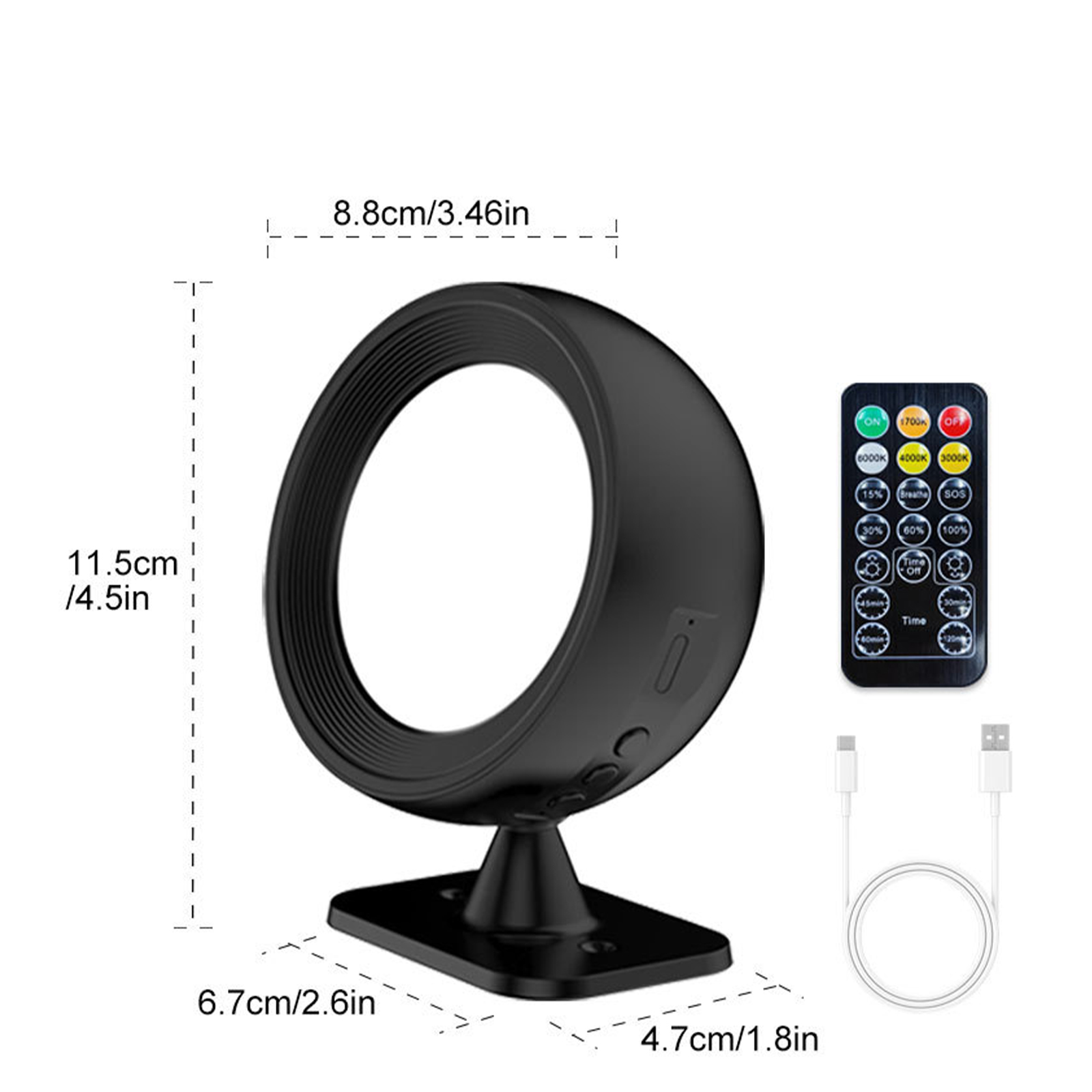 Ein schwarzes ringförmiges Licht mit Fernbedienung und USB-Kabel. Abmessungen sind angegeben.