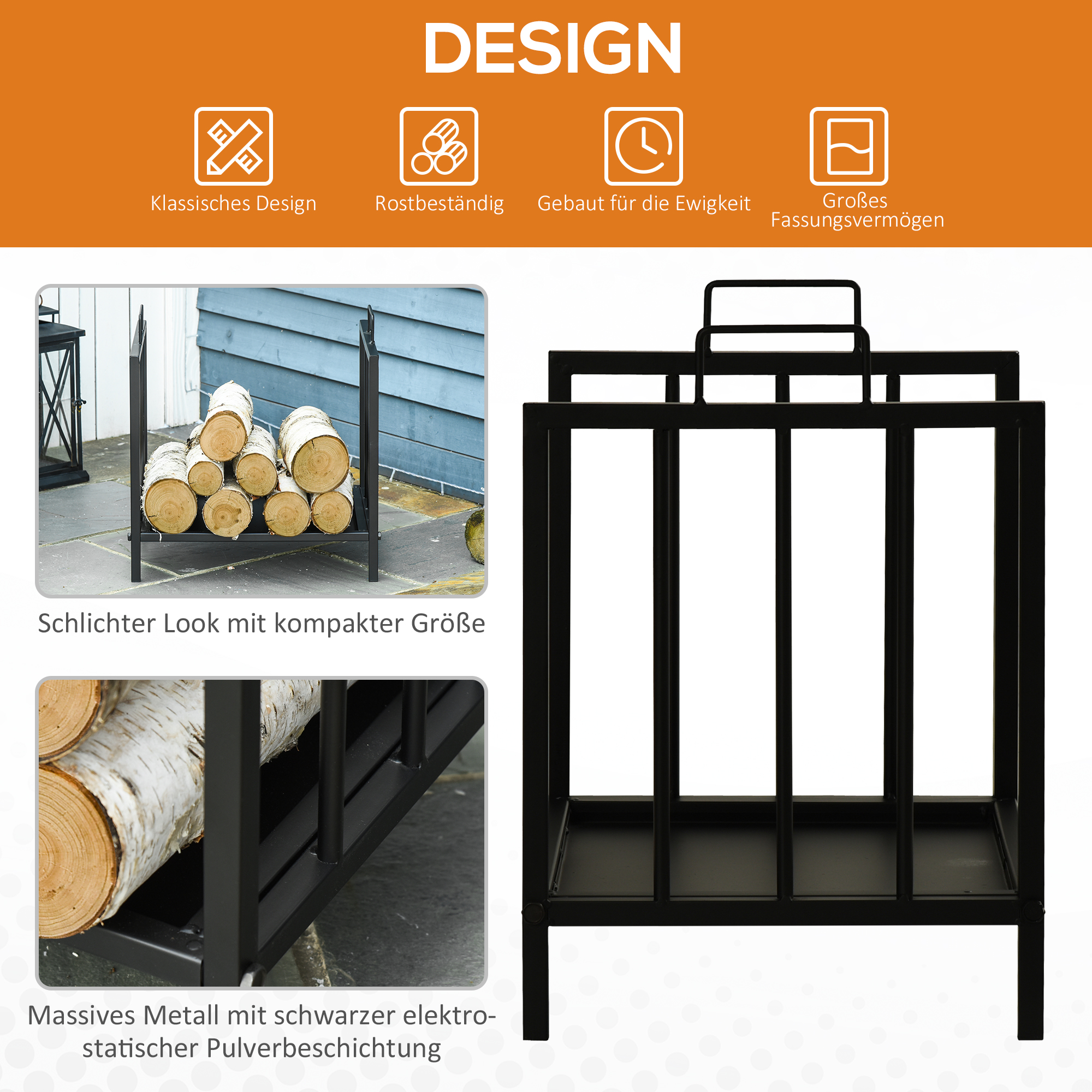 Ein schwarzes Brennholzregal mit Holzscheiten, mit Design-Symbolen.