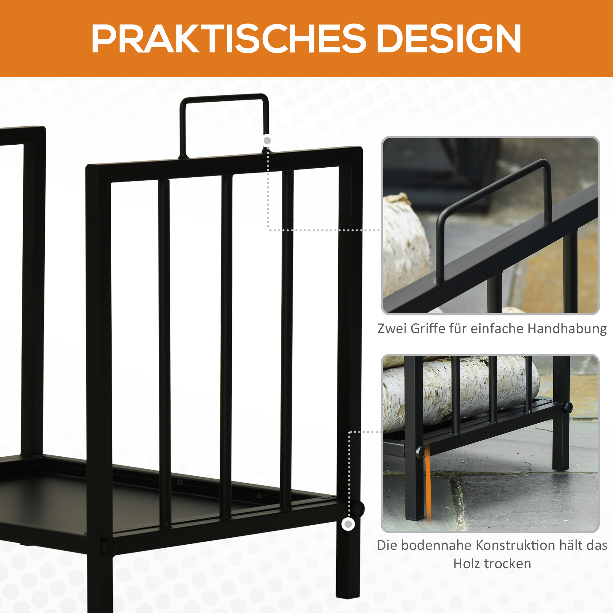 Ein schwarzer Metall-Holzhalter. Details sind Griff und bodennahes Design.