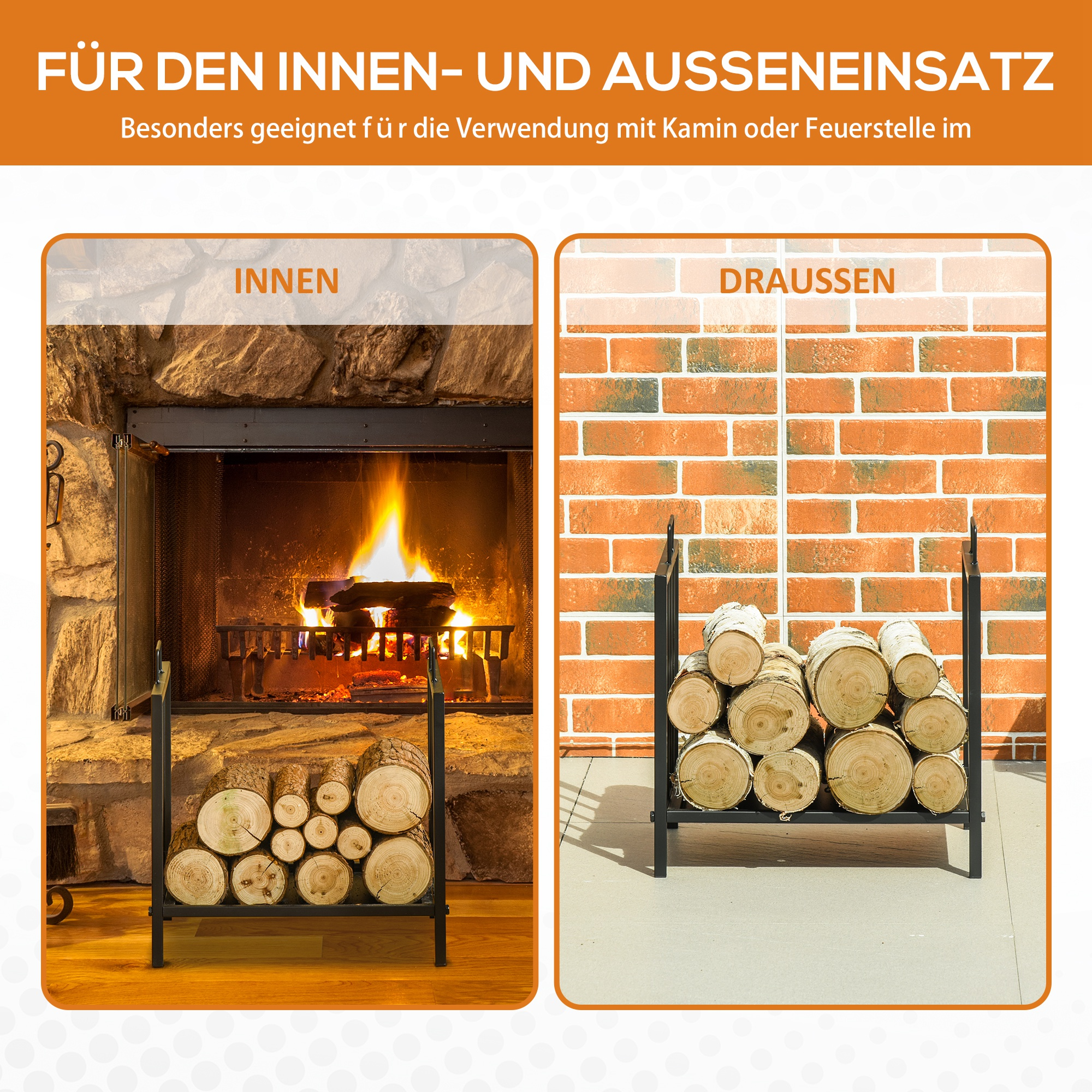 Brennholzaufbewahrung, innen und außen. Innen zeigt Holzscheite vor einem Kamin, außen Holzscheite in einem Gestell.