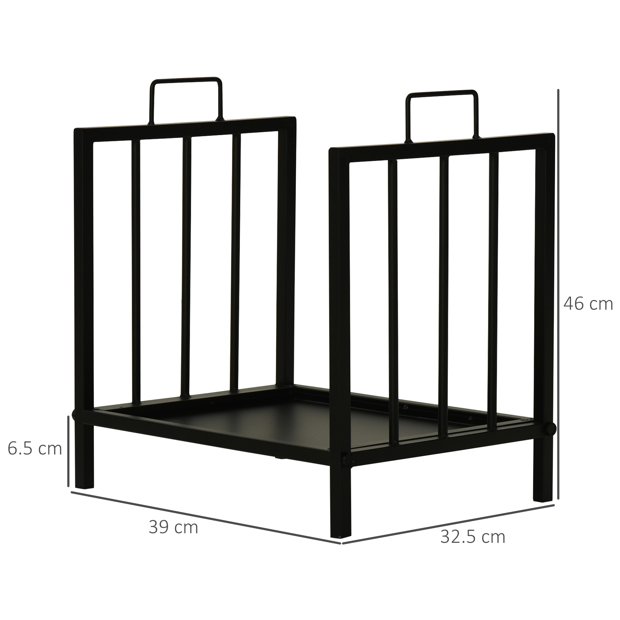 Ein schwarzes Metall-Holzregal mit angegebenen Abmessungen: 39x32,5x46 cm.