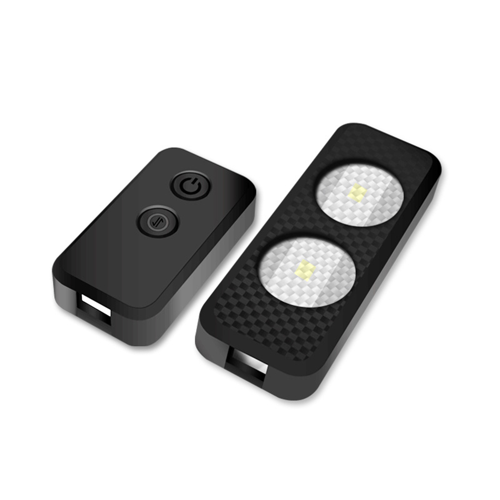 Zwei schwarze, rechteckige Lichter mit Knopf und Lichtquelle. Weißer Hintergrund.