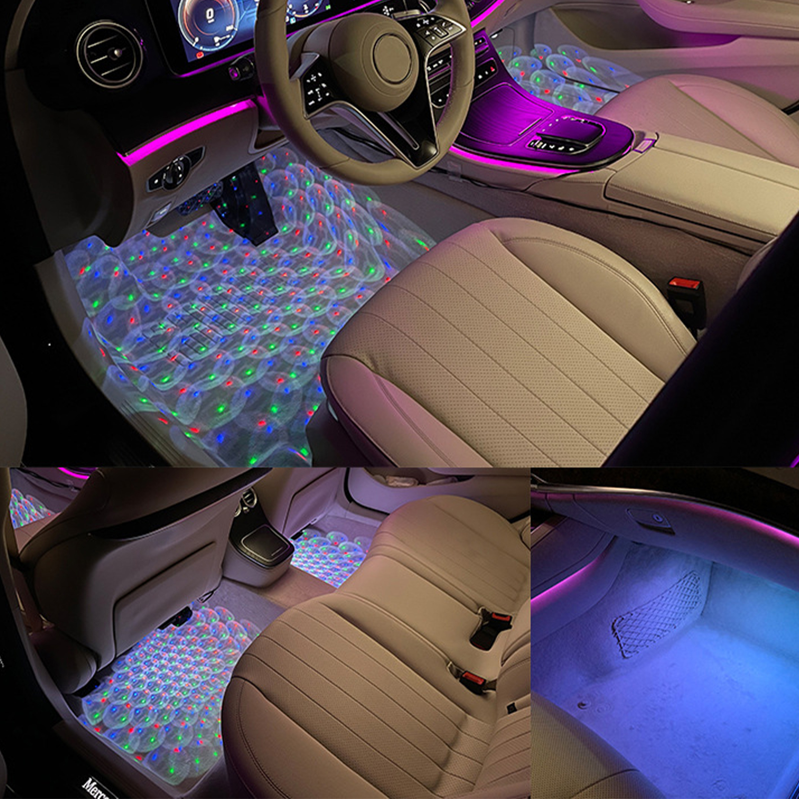 Autoinnenraum mit mehrfarbigen LED-Leuchten auf dem Boden. Verschiedene Ansichten.