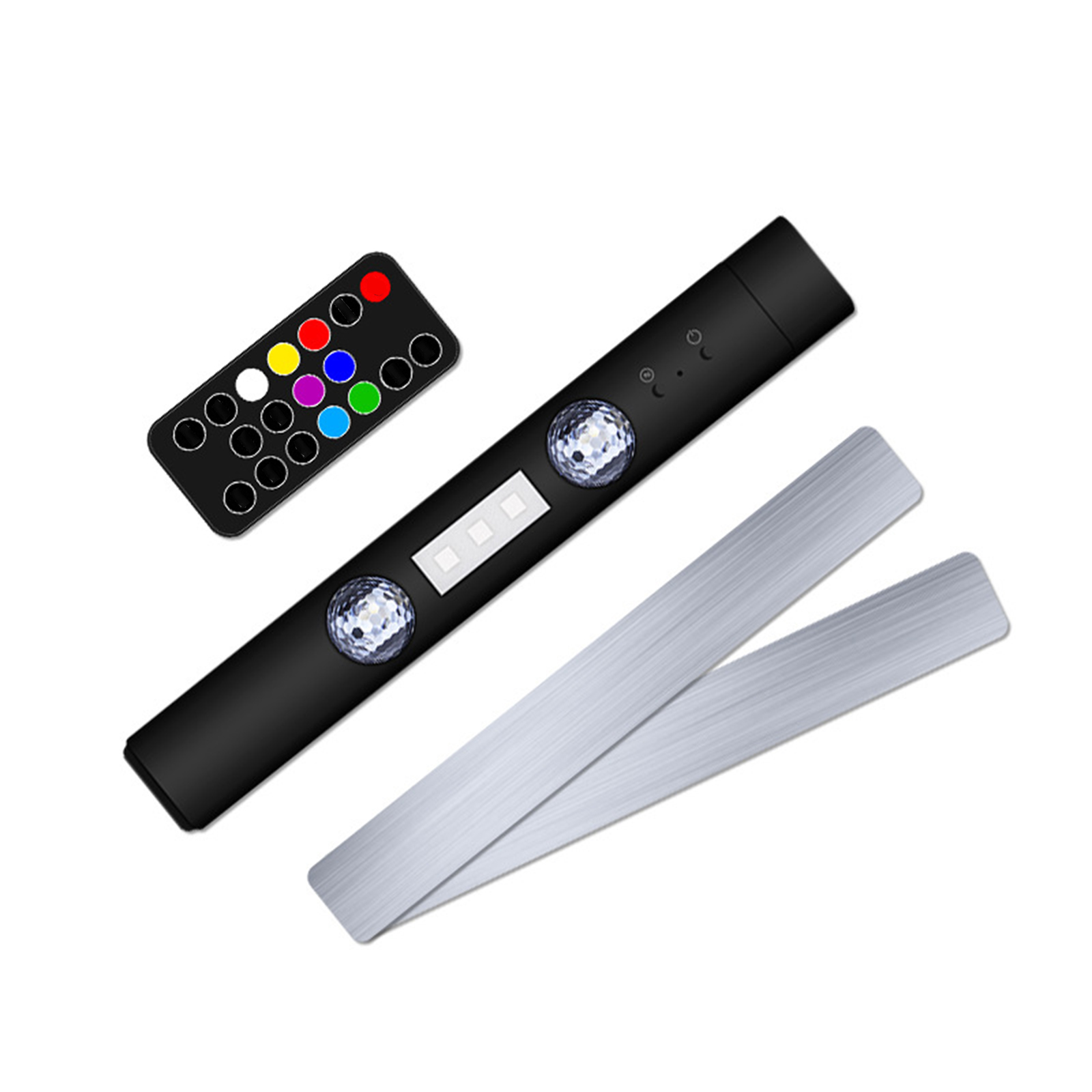 Schwarze LED-Lichtleiste mit Fernbedienung, zwei Metallstangen und zwei runden Lichtern.