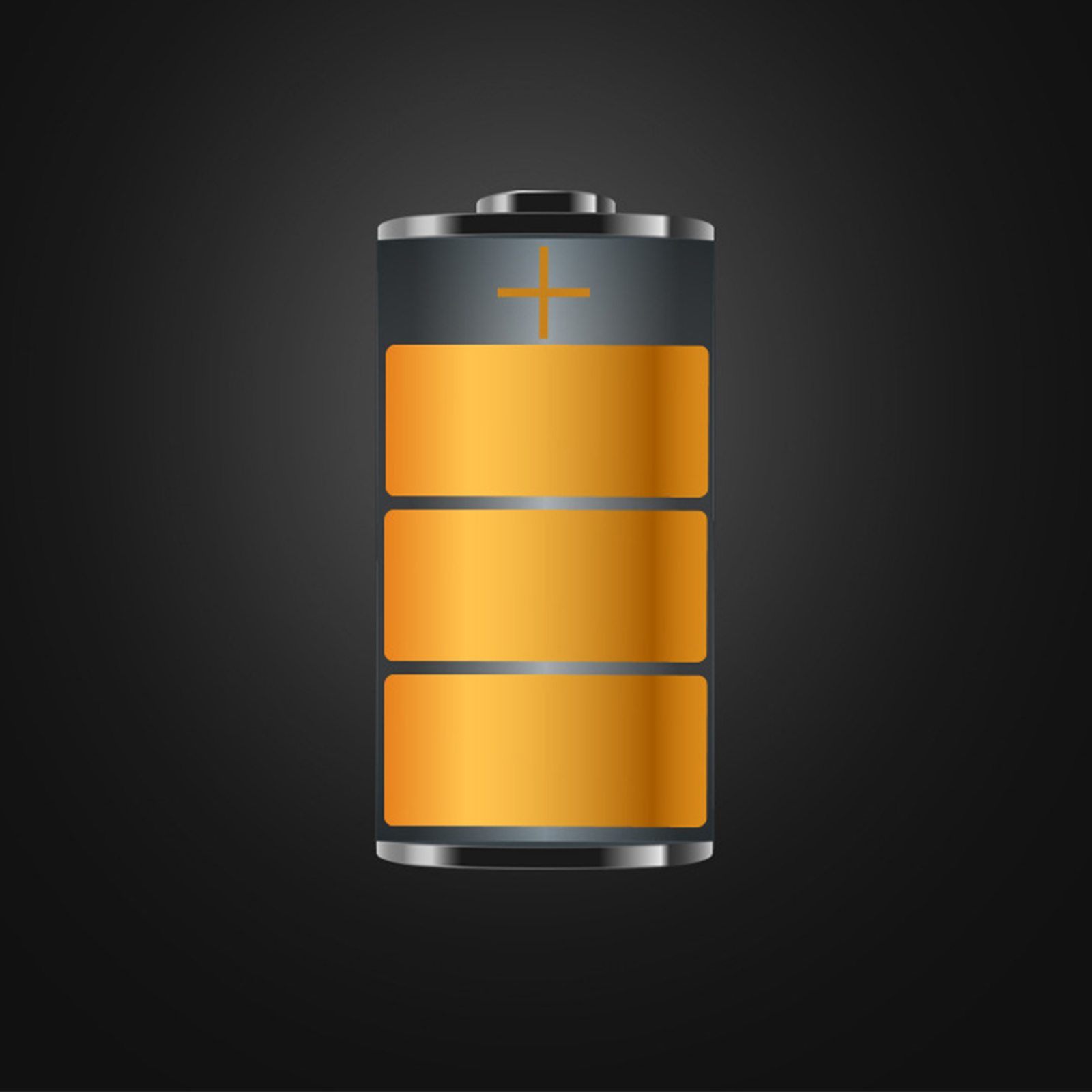 Eine Batterie-Grafik mit drei orangefarbenen Abschnitten auf dunklem grauem Hintergrund.