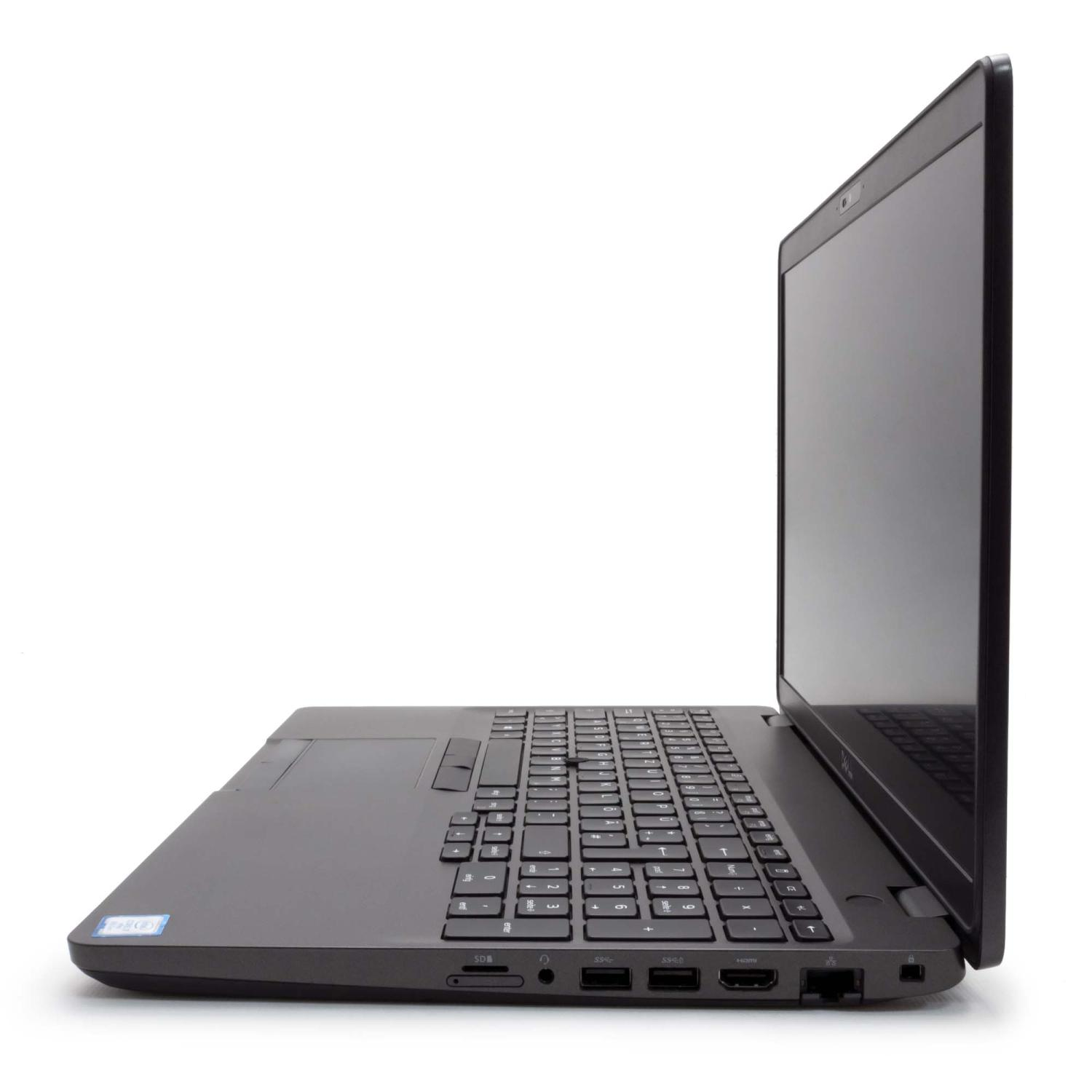 Seitenansicht eines Laptops auf Weiß. Es ist schwarz. Der Bildschirm ist geöffnet.