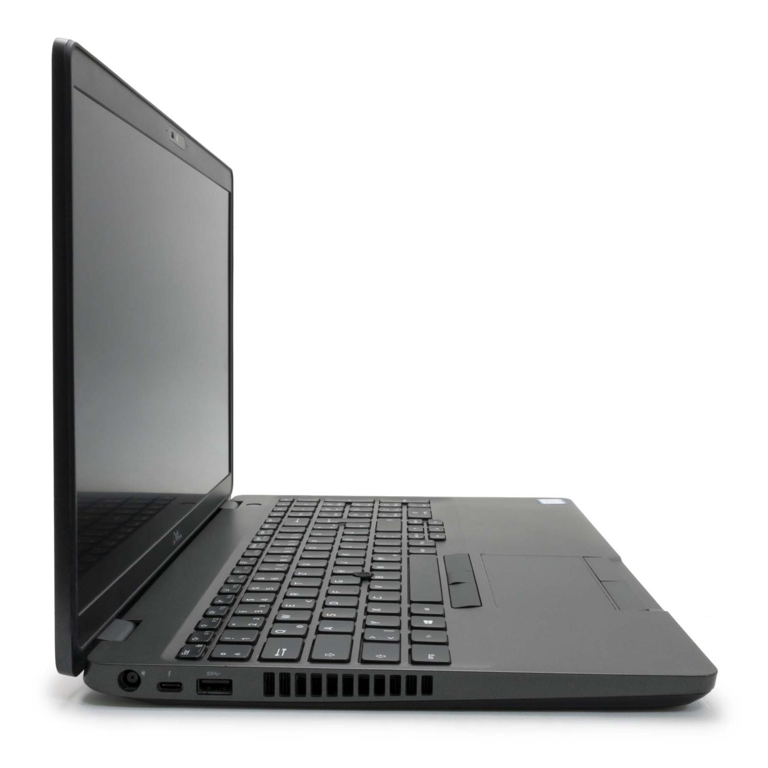 Schwarzer Laptop von der Seite mit geöffnetem Bildschirm, vor weißem Hintergrund.