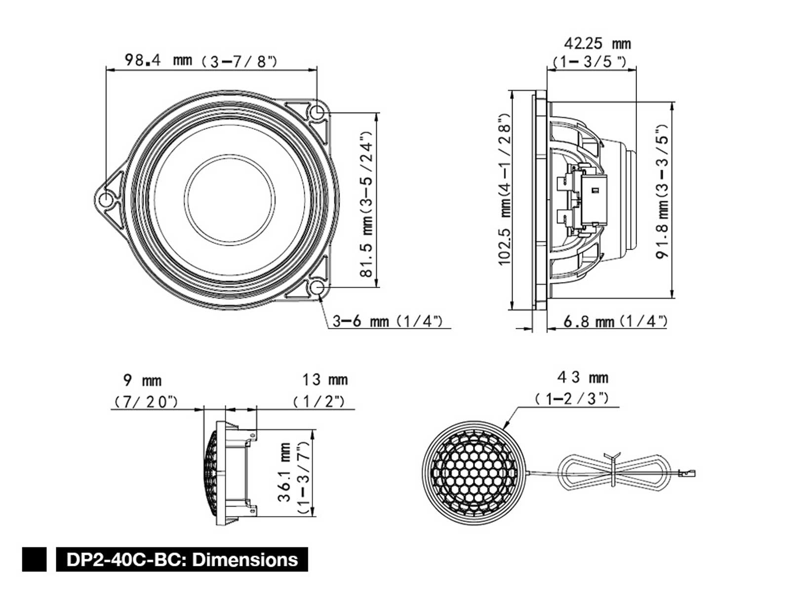 Diagramm eines Lautsprechers mit Abmessungen in Millimetern, Vorder- und Seitenansicht.