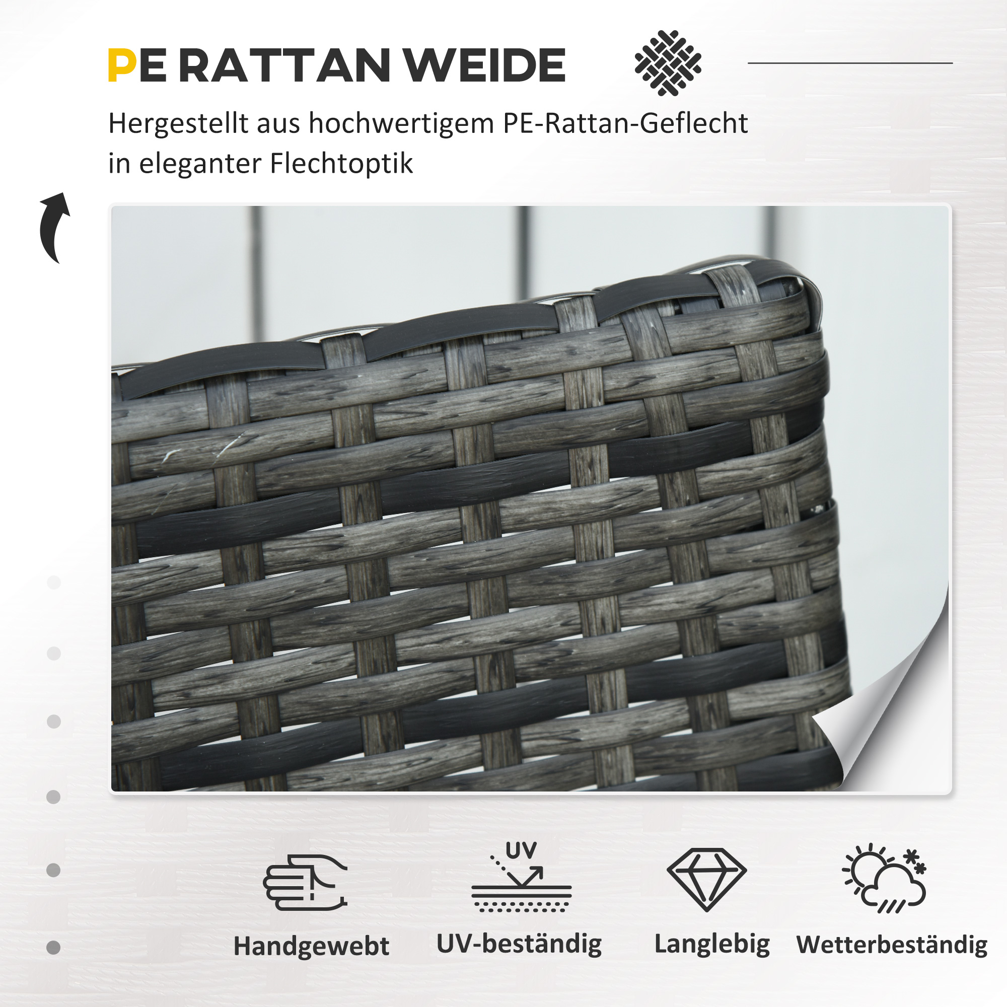 Nahaufnahme von gewebtem grau-schwarzem Rattan. Merkmale: handgewebt, UV-beständig, langlebig, wetterfest.