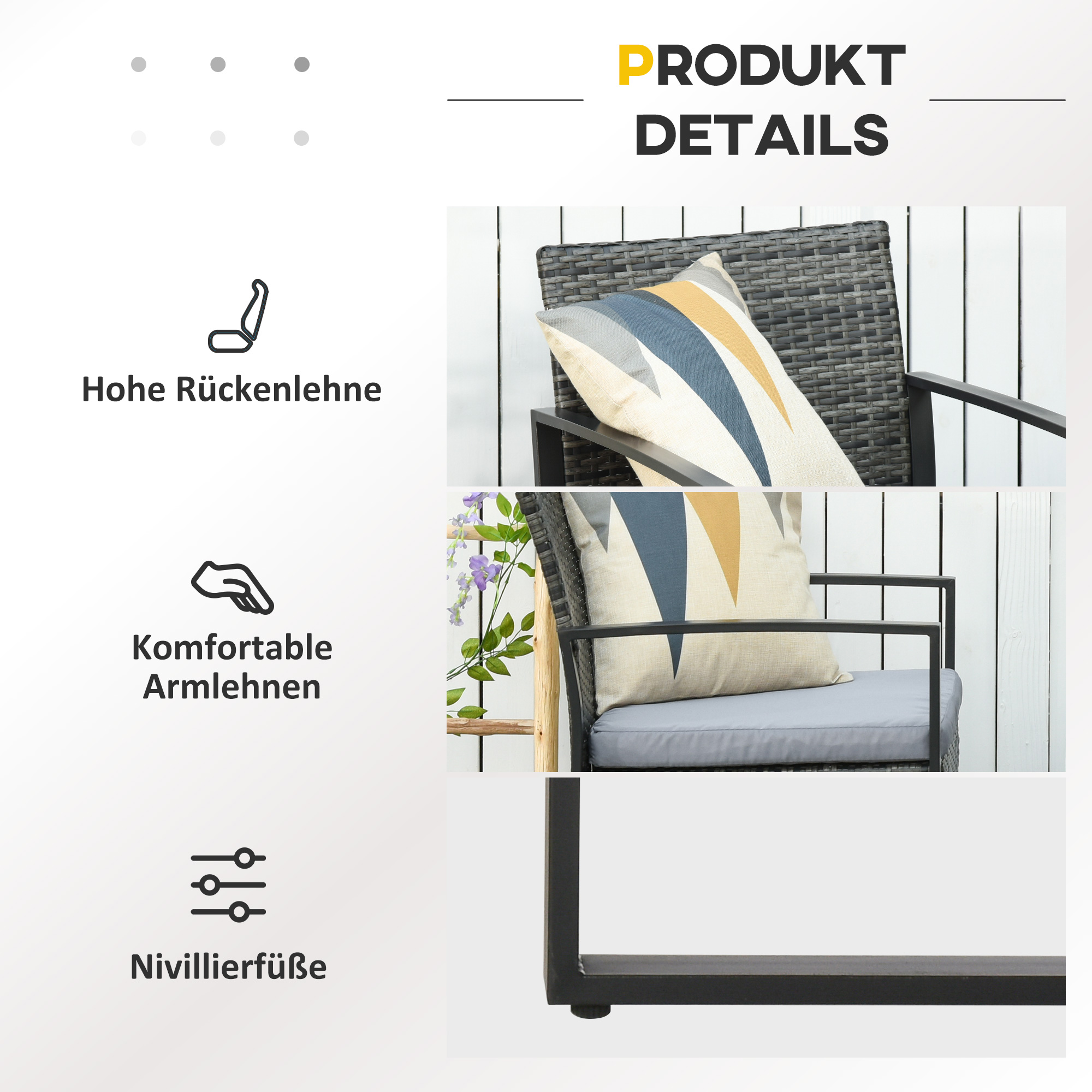 Produktdetails zu einem Stuhl. Hohe Rückenlehne, bequeme Armlehnen und Nivellierfüße.