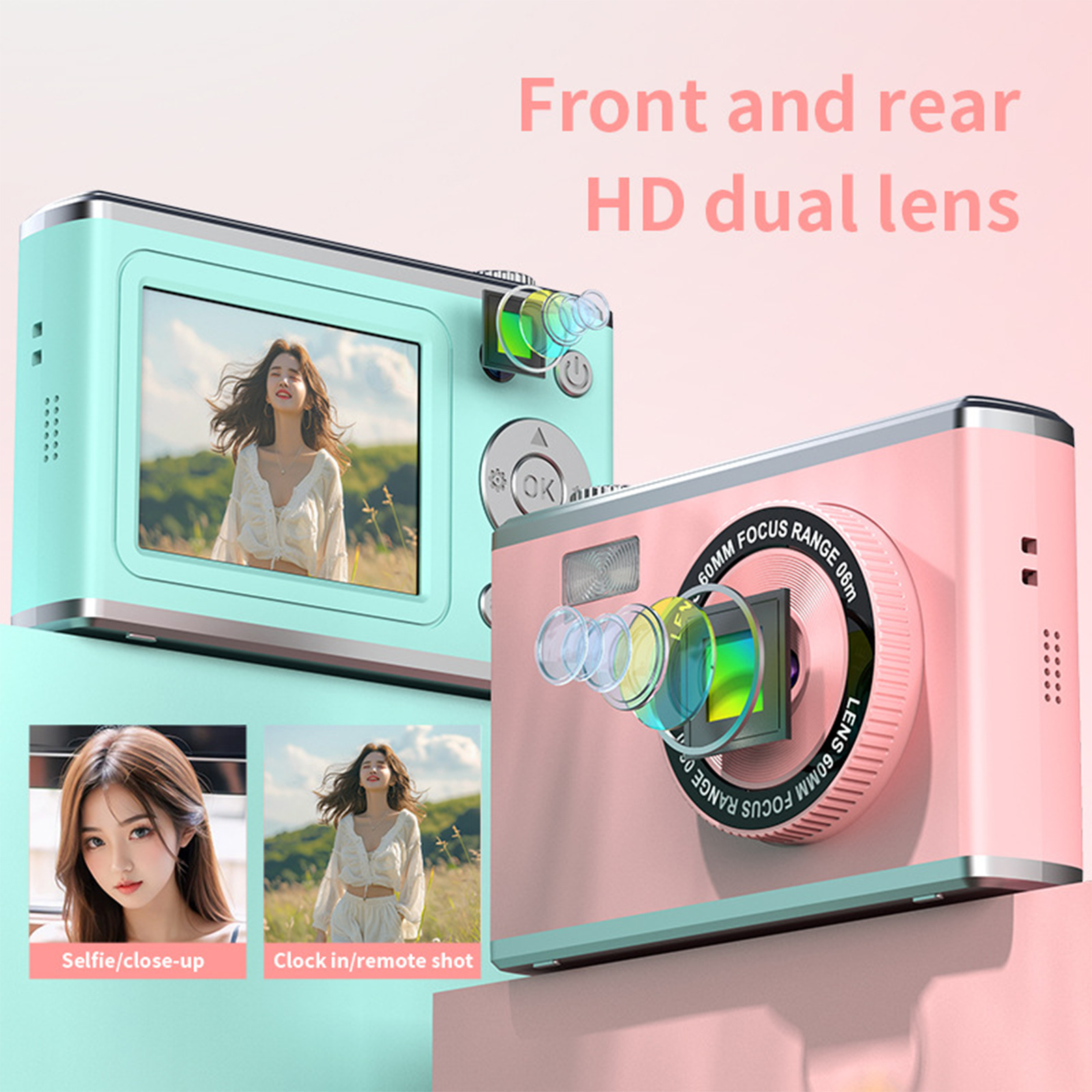 Zwei Digitalkameras, eine mintfarbene, eine rosa, die eine Frau auf dem Bildschirm und in Fotos zeigen.