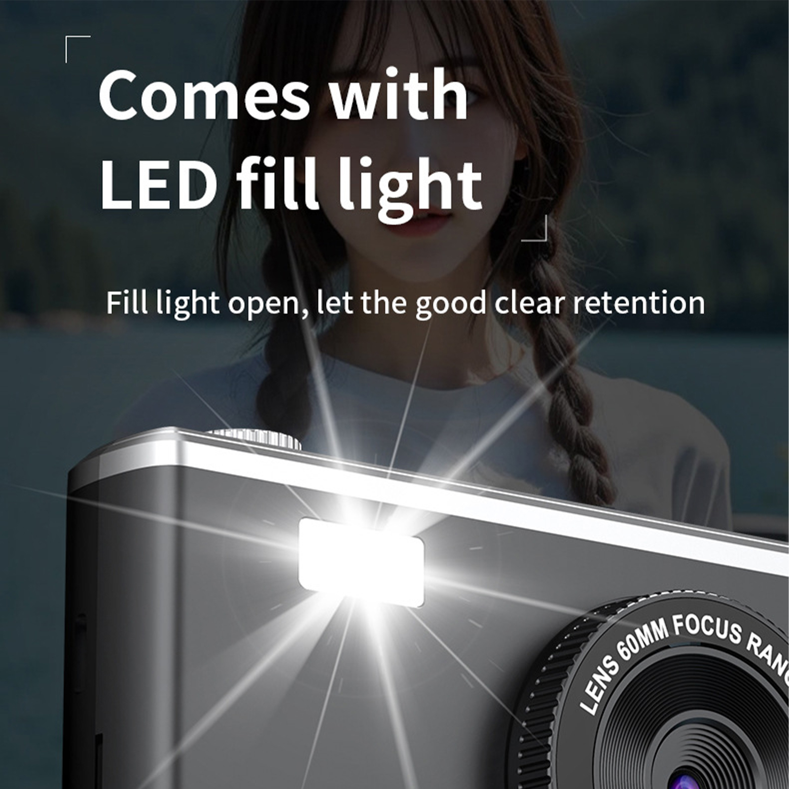 Nahaufnahme einer Kamera mit LED-Fülllicht.