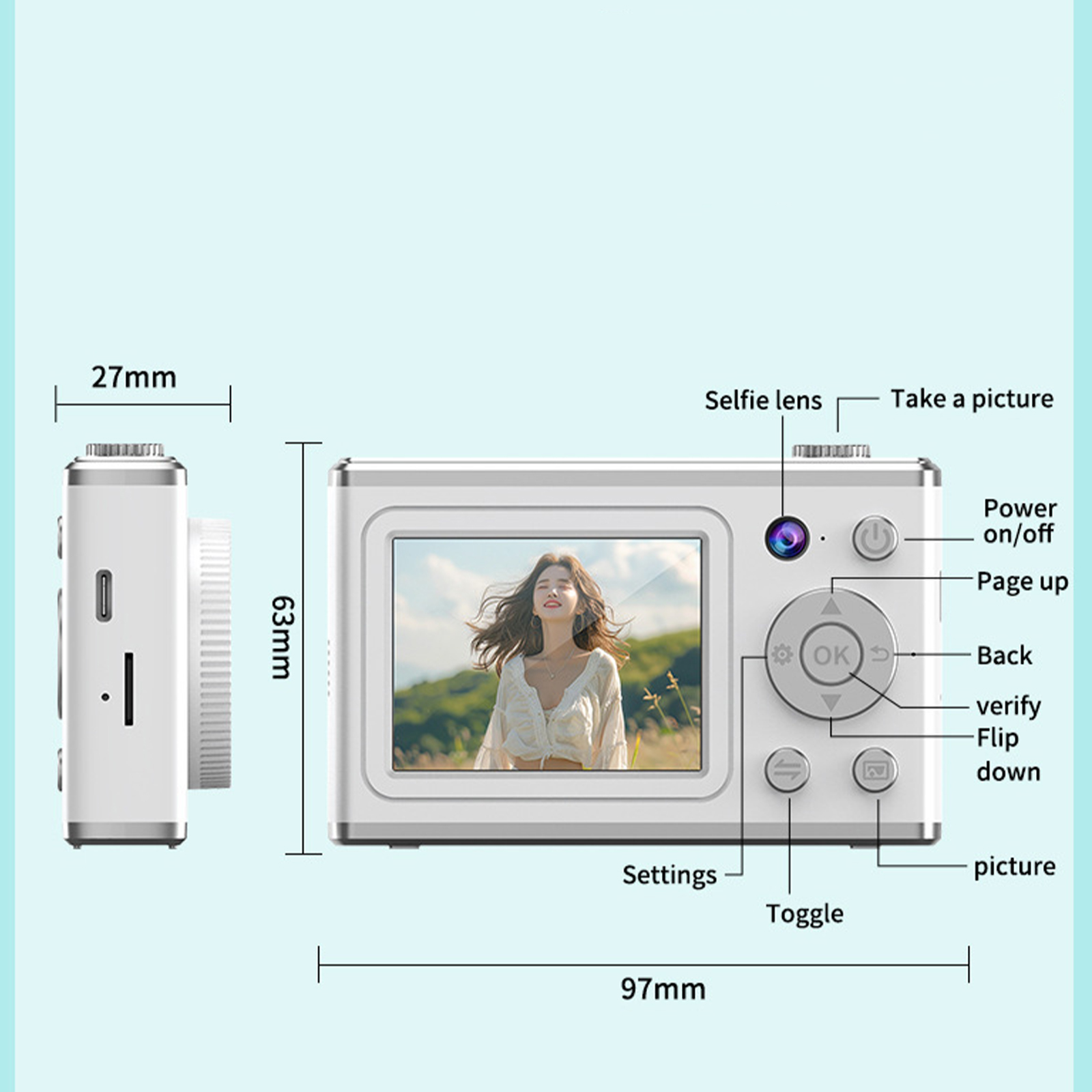 Weiße Digitalkamera mit Bildschirm, der ein Frauenfoto zeigt. Knöpfe rechts.